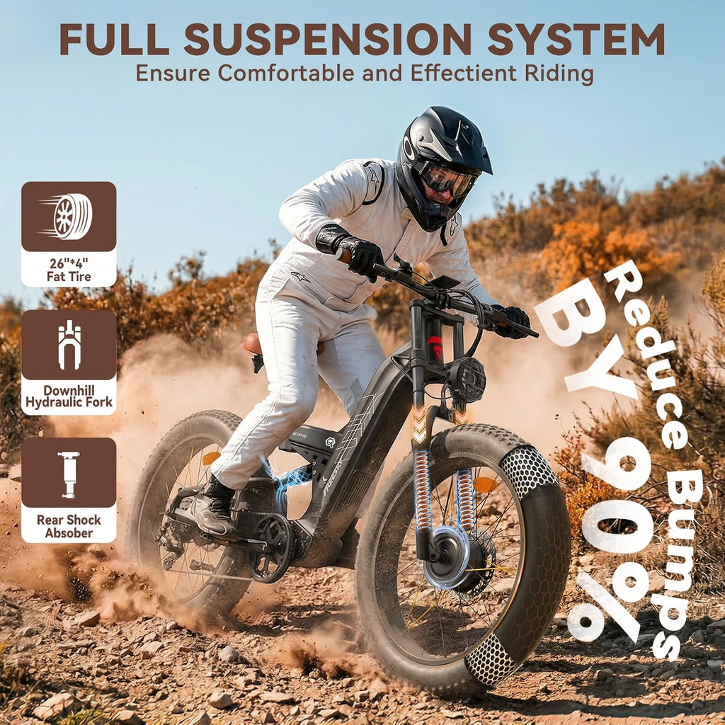 FREESKY 4000W Dual Motor Electric Bike for Adults, 48V 30AH LG Cells Battery 120Miles Range, 40MPH AWD Fast E-Bike, 26" Fat Tire Full Suspension Electric Mountain Bike, UL2849 Certified by TÜV
