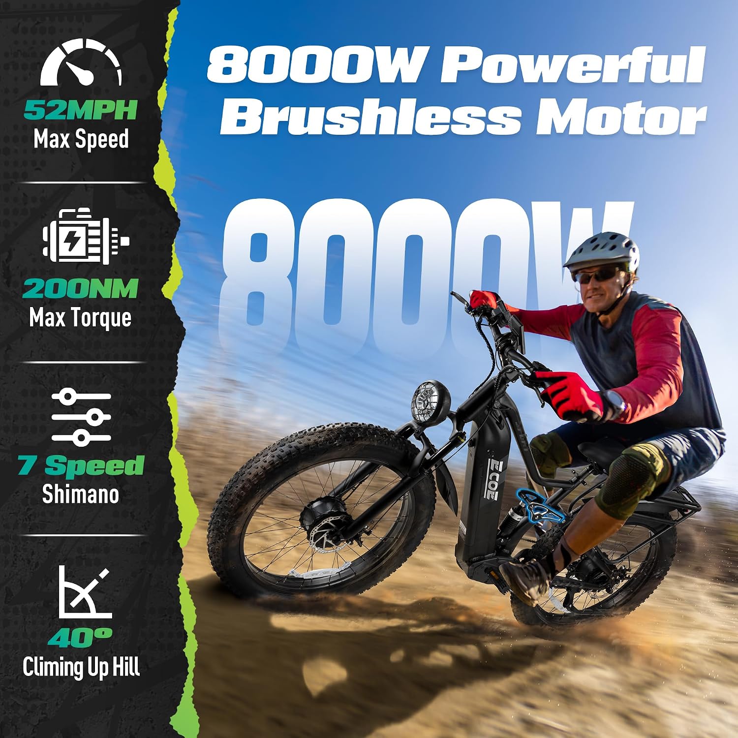 EcoE 8000W Dual Motor Electric Bike for Adults 52MPH 60V32A, 26x4 Fat Tire All Terrain Ebikes, Full Suspension E Bike, SHM 7-Speed Gear Electric Bicycle(Q5-1-8000W)