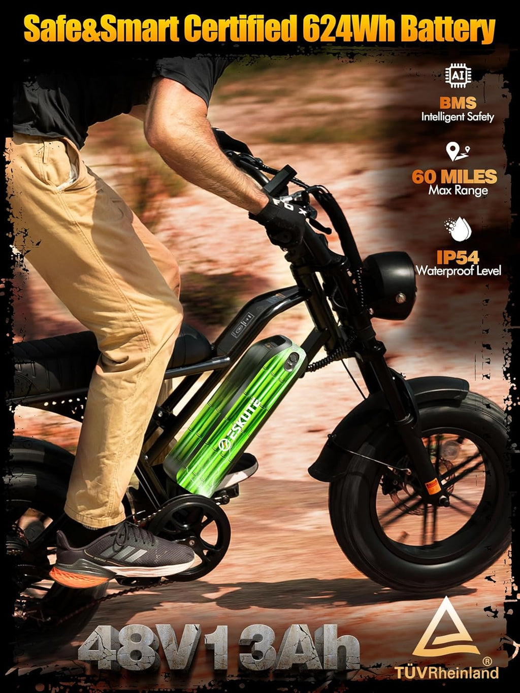 ESKUTE V100 Electric Bike for Adults, Electric Dirt Bike 1500W Peak Motor, All Terrain Dual Suspension E Bike 20+MPH Top Speed, Ebike Up to 60 Miles Range, 16" Fat Tire, 48V13Ah Battery, 7-Speed