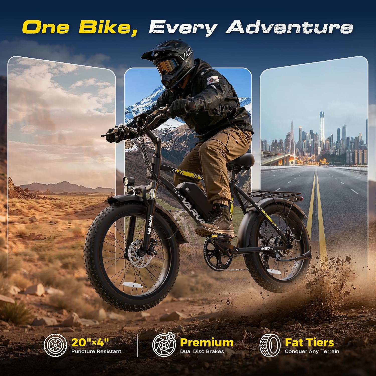 VARUN Electric Bike - 1000W Peak Motor 60 Miles Fat Tire Ebike with 48V 13Ah Removable Battery, 7-Speed, All Terrain 20" Cruiser Adults Electric Bike with Cargo