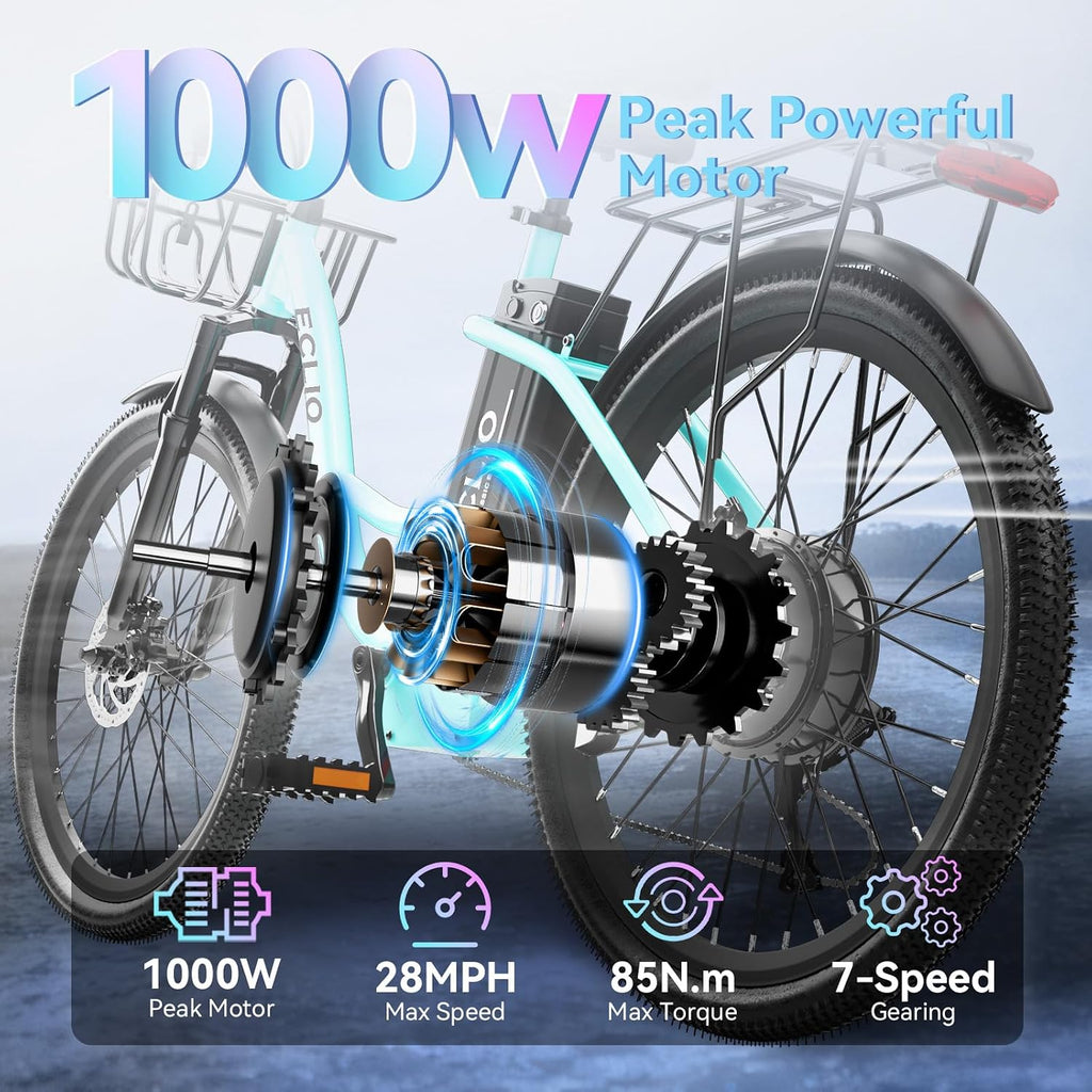 24'' Electric Bike for Adults, Peak 1000W Motor, 48V 13Ah Removable Battery 65Miles, Step Through City Cruiser Ebike, Commuter E-Bike with 7-Speed and Front Basket