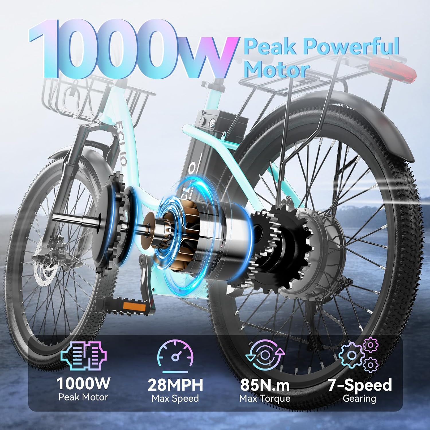 24'' Electric Bike for Adults, Peak 1000W Motor, 48V 13Ah Removable Battery 65Miles, Step Through City Cruiser Ebike, Commuter E-Bike with 7-Speed and Front Basket