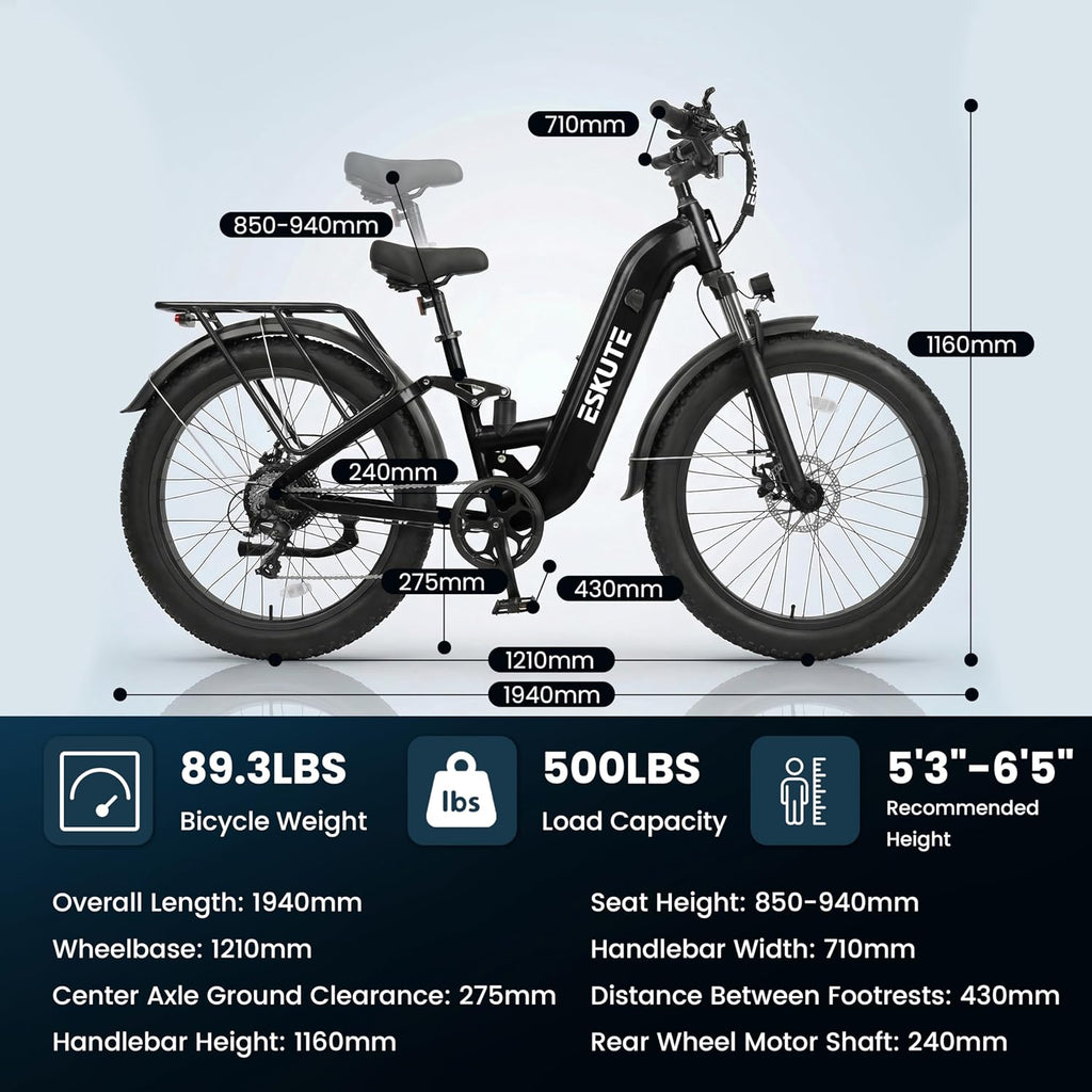 ESKUTE Electric Bike for Adults - 48V20.8Ah 80 Miles Battery Commuter, 32+MPH, Peak 1500W Brushless Motor, 26x4.0 Fat Tire Step-Thru Cityrun Ebike, 8-Speed, Full Suspensions E-Bike