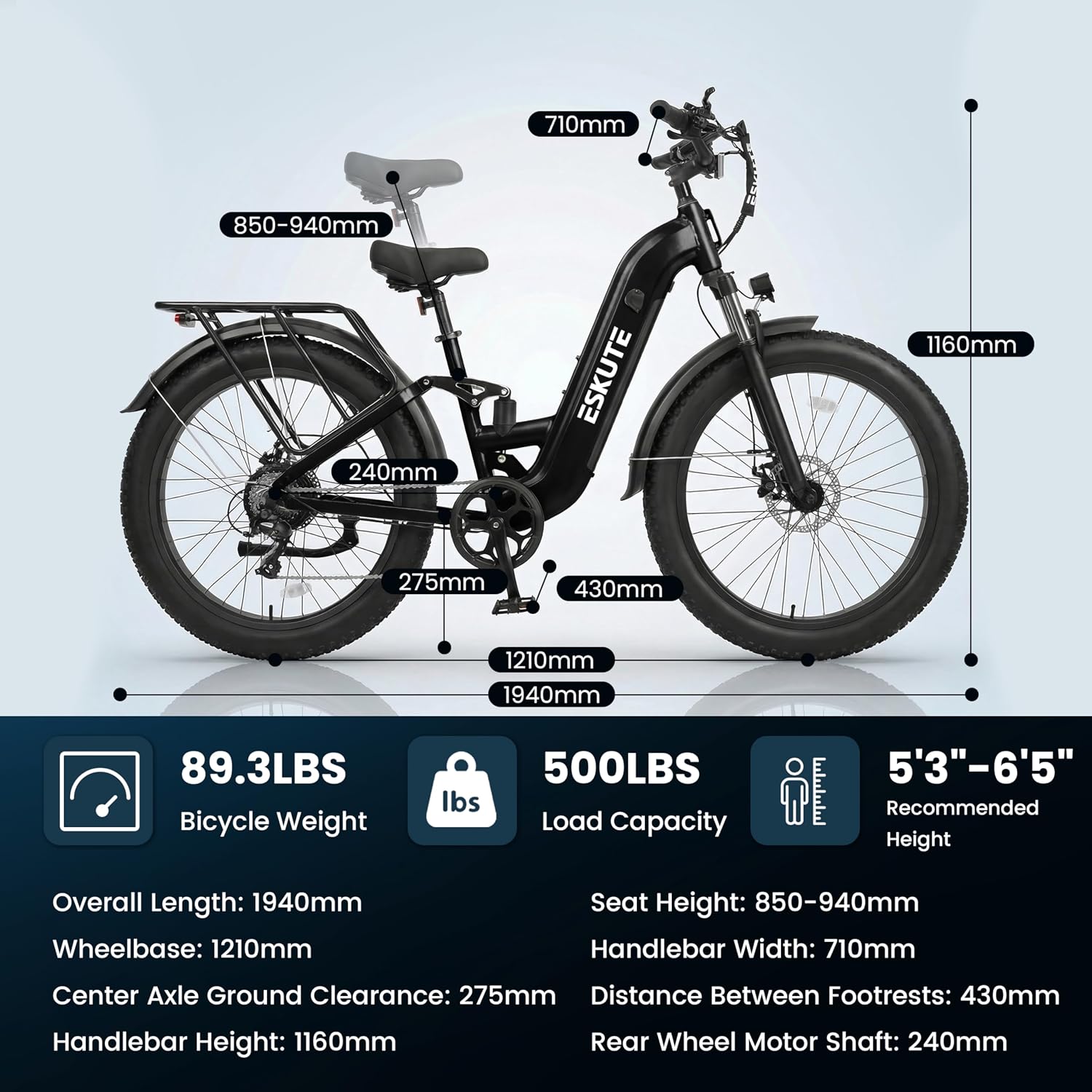 ESKUTE Electric Bike for Adults - 48V20.8Ah 80 Miles Battery Commuter, 32+MPH, Peak 1500W Brushless Motor, 26x4.0 Fat Tire Step-Thru Cityrun Ebike, 8-Speed, Full Suspensions E-Bike