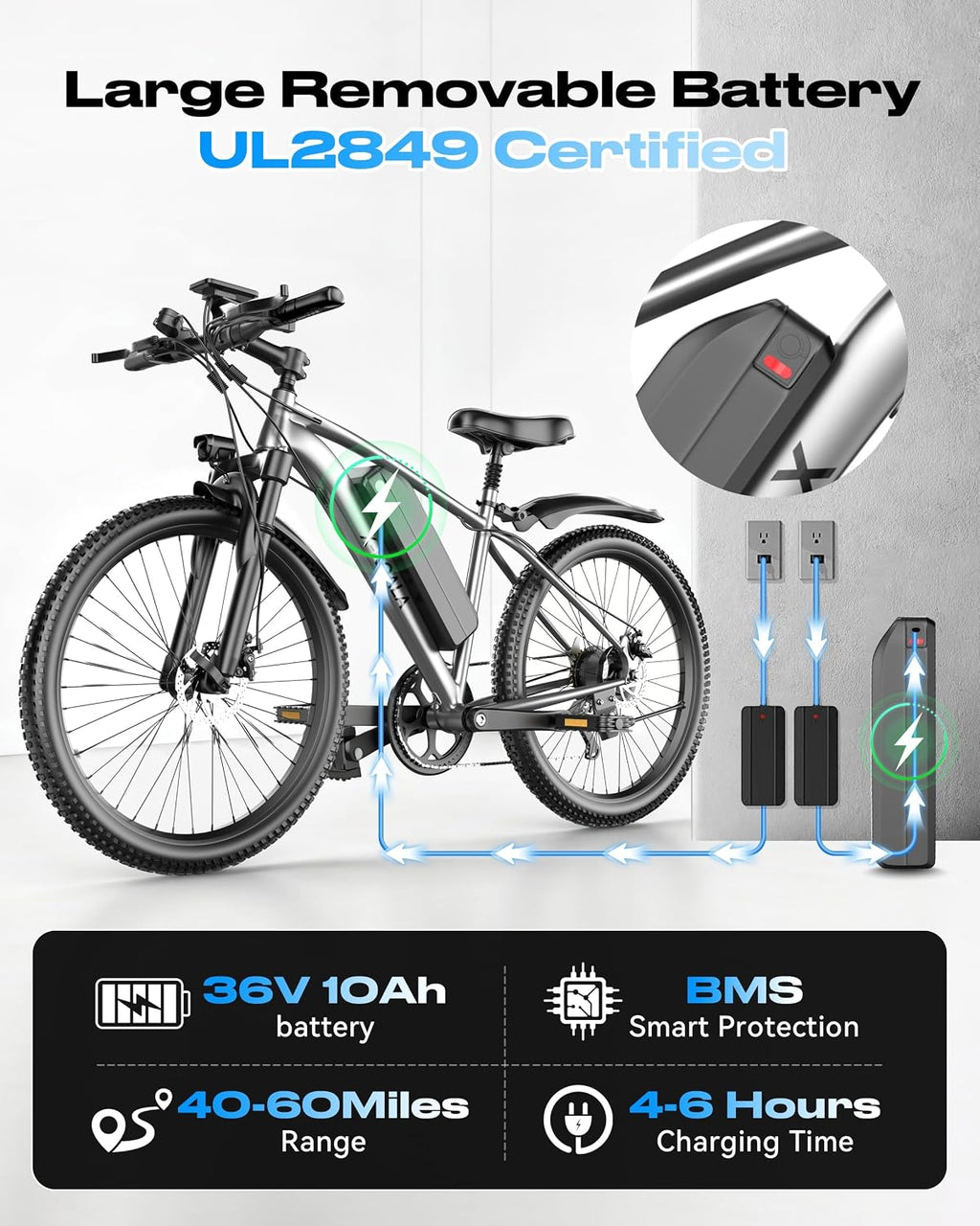 26'' Electric Bike for Adults 1500W Peak Motor 55 Miles Long Range 25MPH Commuter E-Bike with 7 Speed Gears Waterproof Pedal Assist UL2849 Electric Mountain Bicycle for Men