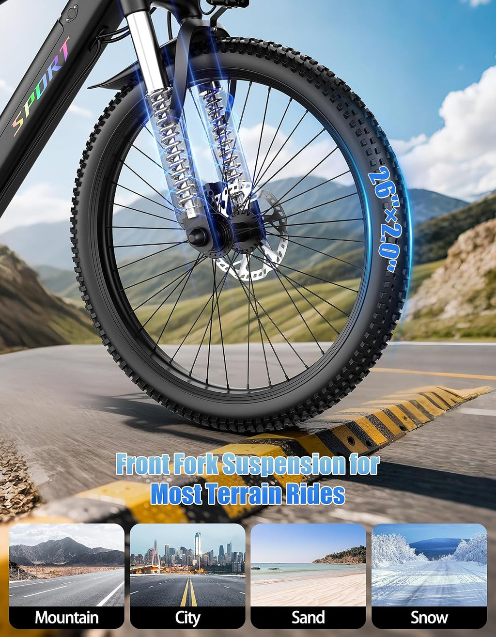 Electric Bike for Adults, 1500W Peak Mountain Ebike, Up to 25MPH, 65 Miles Long Range, 48V 12Ah Removable Battery, 26" Tire Electric Bicycle, 7-Speed E-bike for City Trail, 5 Modes, Front Suspension