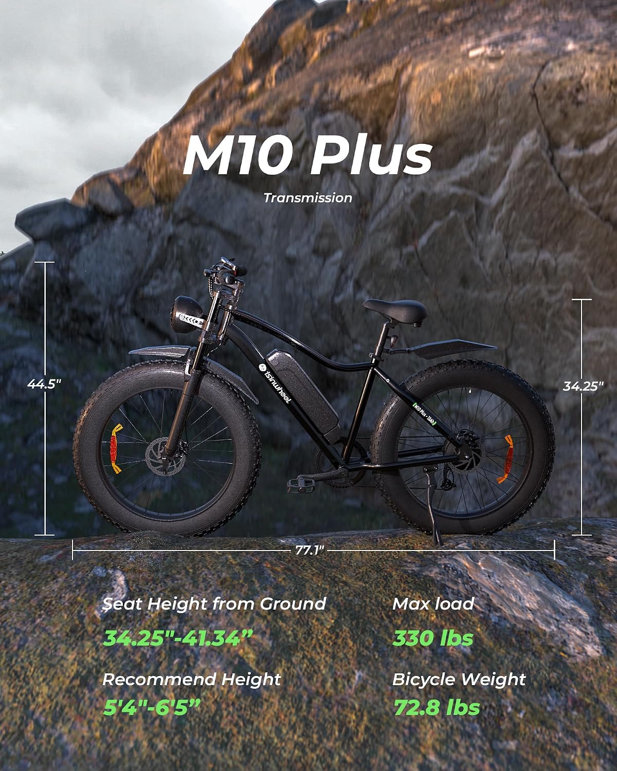 isinwheel M10 Plus Electric Mountain Bike for Adults, 26" x 4.0 Fat Tire Ebike with 48V 13Ah Removable Battery, 1000W Peak Motor Electric Bicycle, 70 Miles Range & 20 MPH +, 7-Speed for Snow