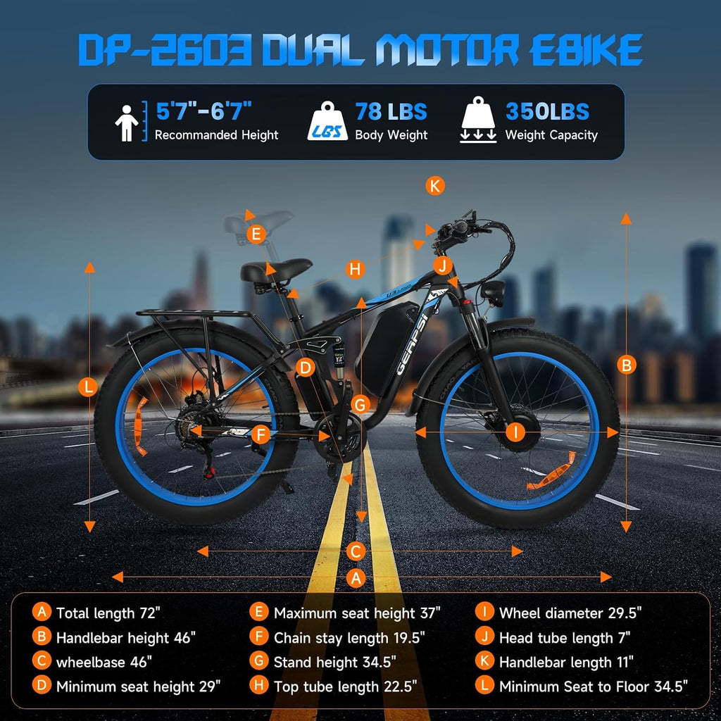 AWD Electric Bike for Adults, 48V 25AH Removable Battery, Peak 4000W Power 26” Fat Tire Ebike, Dual Motor Electric Bicycles, Fast Dual Hydraulic Brakes 7-Speed All Terrain E-Bikes