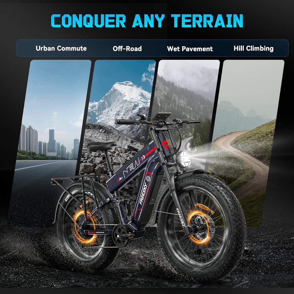 FREESKY Dual Battery Electric Bike for Adults, 48V 45AH 200 Miles Long Range E Bike, 4000W Motor 40MPH+, 26" Fat Tire Fast Mountain EBike, Full Suspension & Hydraulic Brakes, UL 2849 Certified by TÜV
