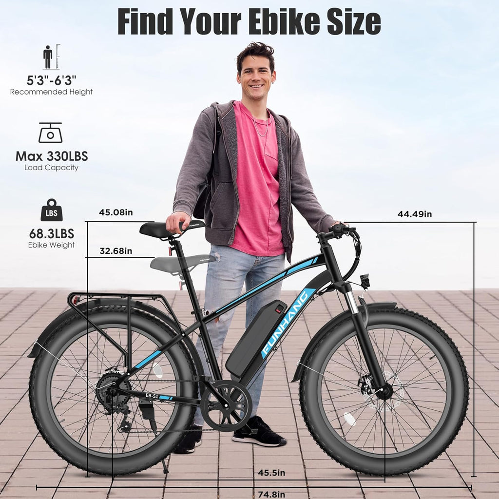 Electric Bike for Adults, 1000W Peak Ebike, 60Miles Electric Mountain Bike, 26" x 4'' Fat Tire Electric Bicycle with 48V 13AH Battery, Rear Rack, Fenders, Front Suspension, UL 2849 Certified