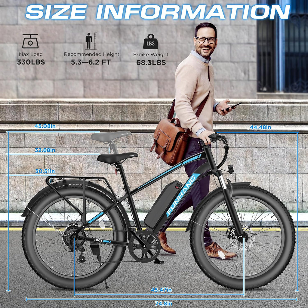 Funhang Electric Bike for Adults, 1000W Peak Ebike, 20MPH 60Miles Electric Mountain Bike, 26" Fat Tire Electric Bicycle with 48V 13AH Battery, Front Suspension,7 Speed, Rear Rack, UL 2849 Certified