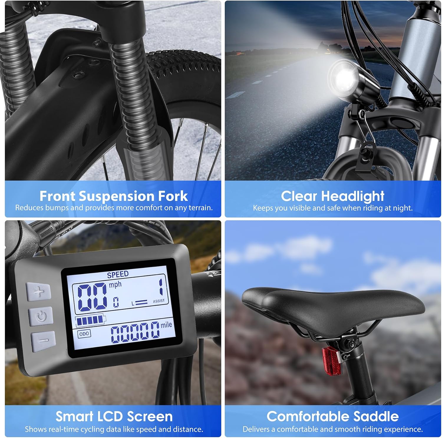 Electric Bike for Adults, 26" Ebike with 1000W Peak Motor, 20MPH 50Miles Electric Mountain Bike with 48V Removable Battery, 7-Speed, Front Suspension, LCD Display, UL 2849 Certified