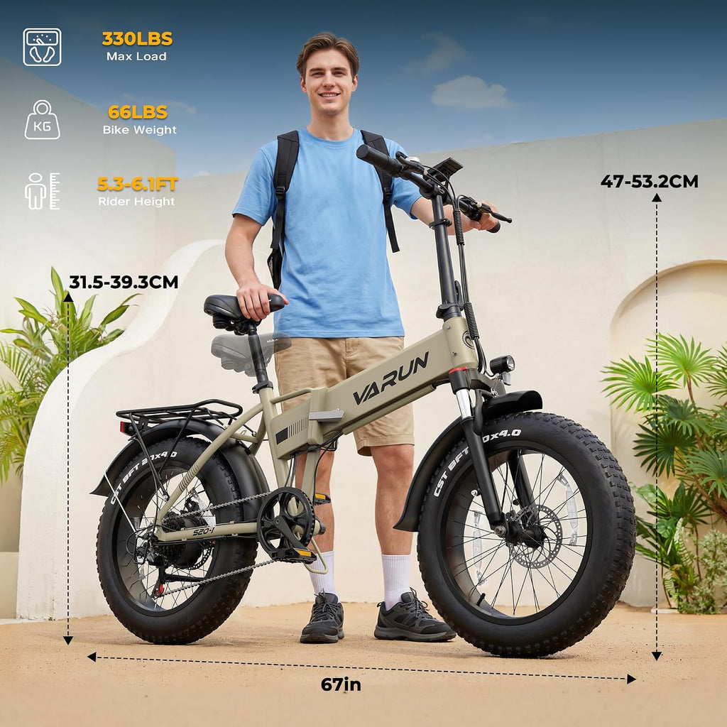 VARUN Electric Bike- 1000W Peak Motor, 25MPH 48V13 Ah Hidden& Removable Battery, 20"x4.0" Fat Tire, 7-Speed E-Bike with Front/Dual Suspension – Foldable Mountain Ebike for Adults, Certified by UL2271
