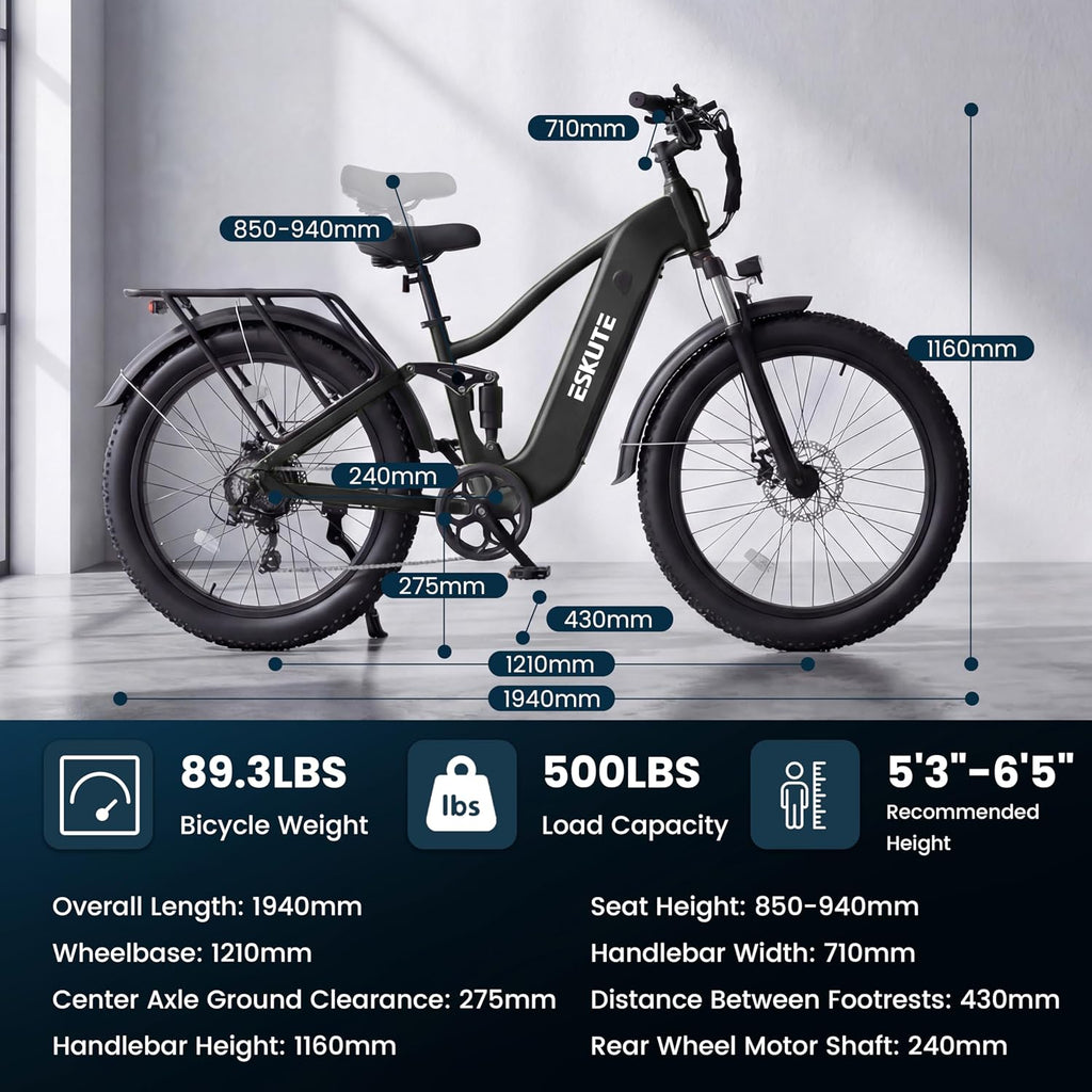ESKUTE Electric Bike for Adults - 48V20.8Ah Battery Ebike up to 80 Miles, 32+MPH, Peak 1500W Brushless Motor, 26x4.0 Fat Tire Step-Over Mountain Ebike, 8-Speed, Full Suspensions E-Bike