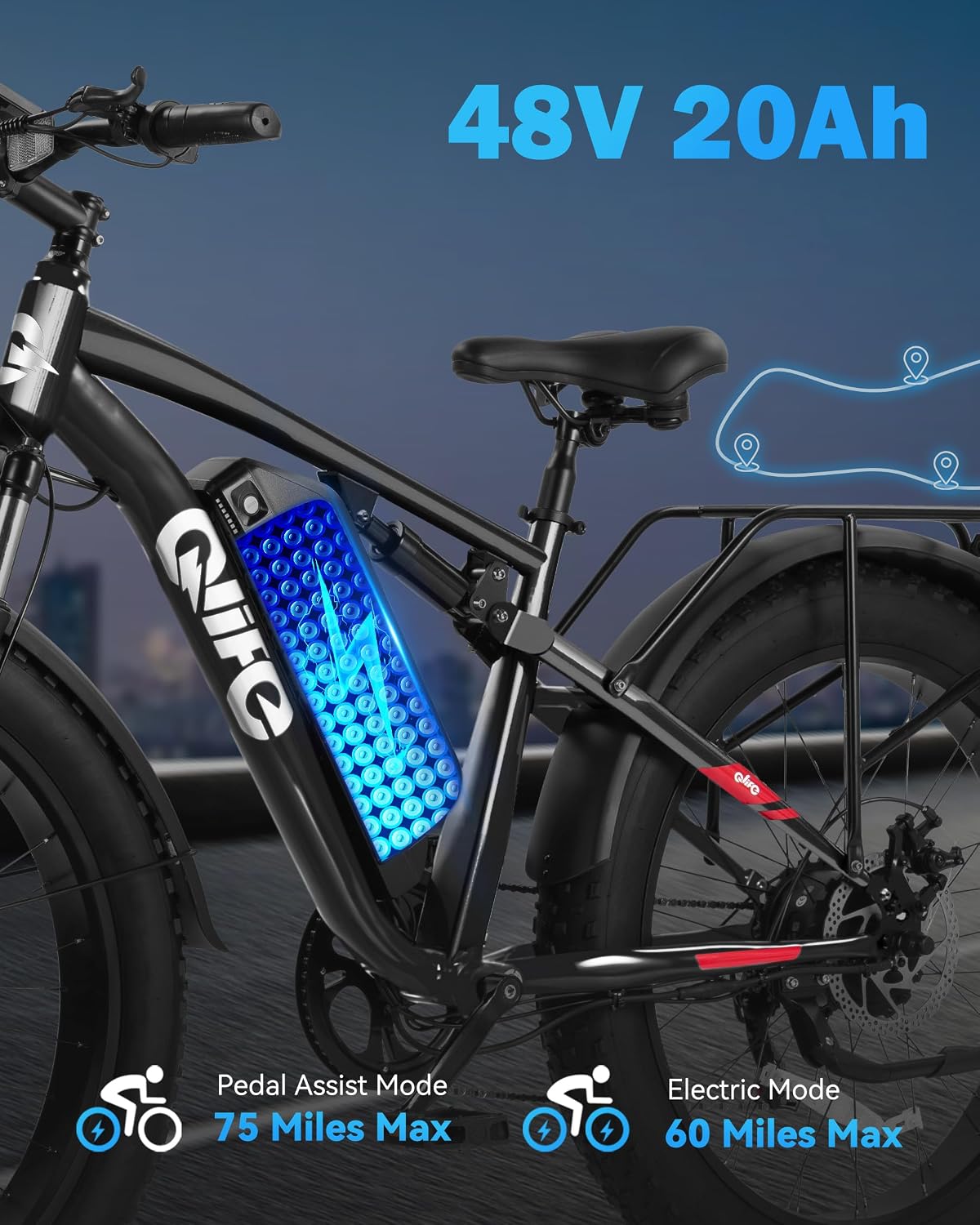 Qlife Racer Plus Adult Electric Bicycle, Peak 1500W/1800W, Up to 20+MPH, 65Miles Long Range, 26" Fat Tire Electric Mountain Bike with 48V 13AH/20AH Battery, 7 Speed Full Suspension