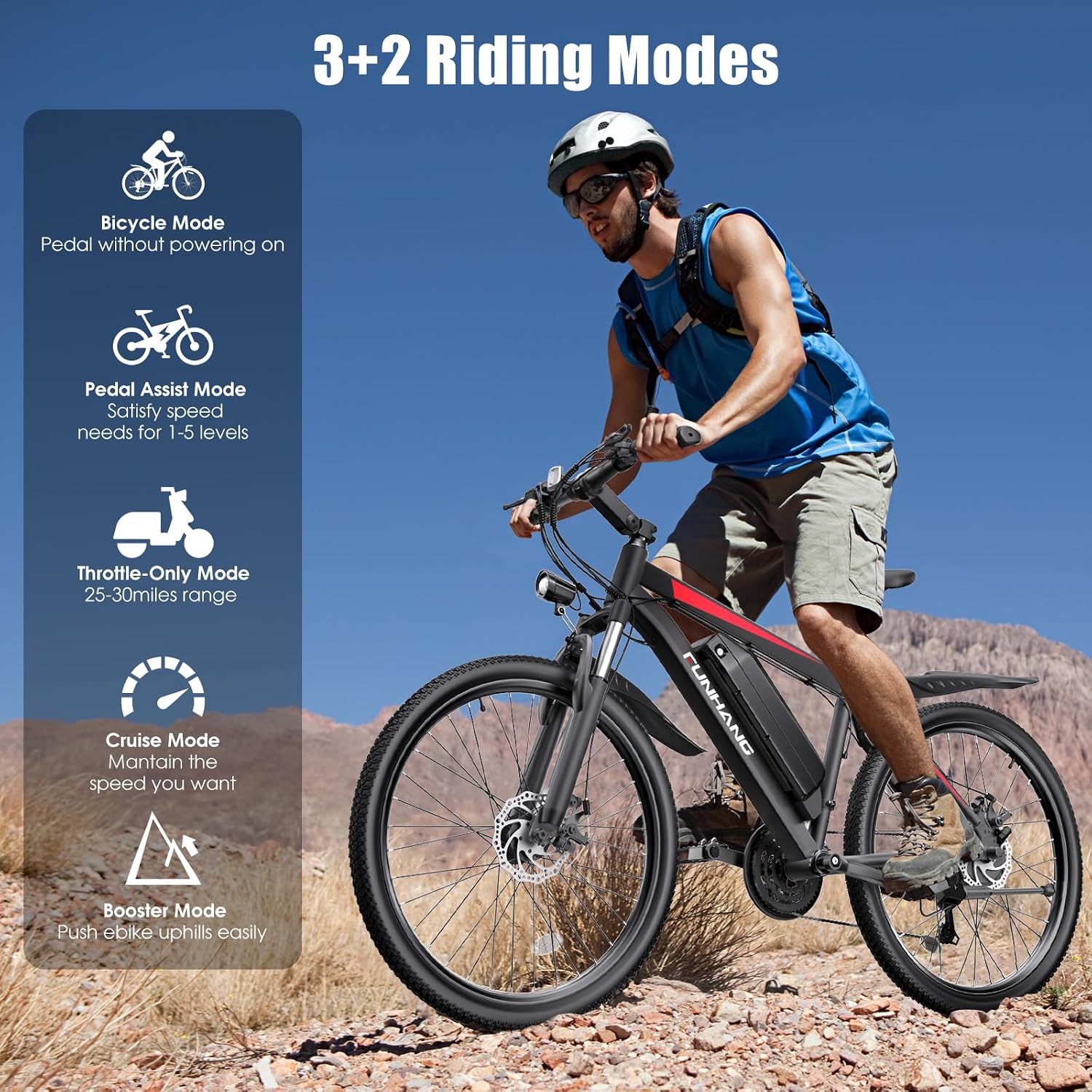 Funhang Electric Bike for Adults, 1000W Peak Ebike, 50Miles 20MPH Electric Mountain Bike, 26" Adult Electric Bicycle with 48V Removable Battery, Fenders,7 Speed, Front Suspension, UL 2849 Certified