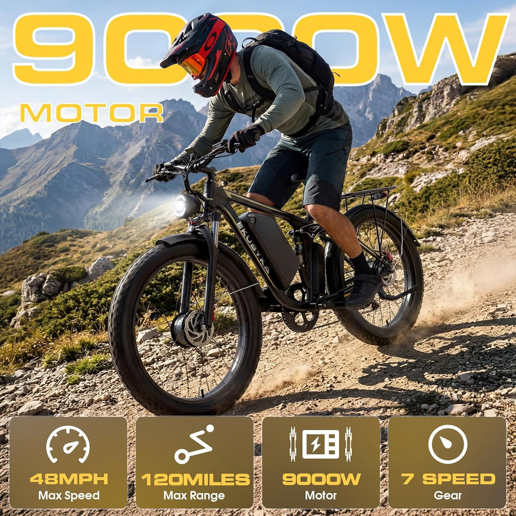 9000W Dual Motor Electric Bike for Adults, 48MPH Fast Full Suspension Ebike, 52V 36Ah Removable Battery for 120 Miles Range, 26 Inch Fat Tire Dual Shock All-Terrain E-Bike, 400lbs Capacity