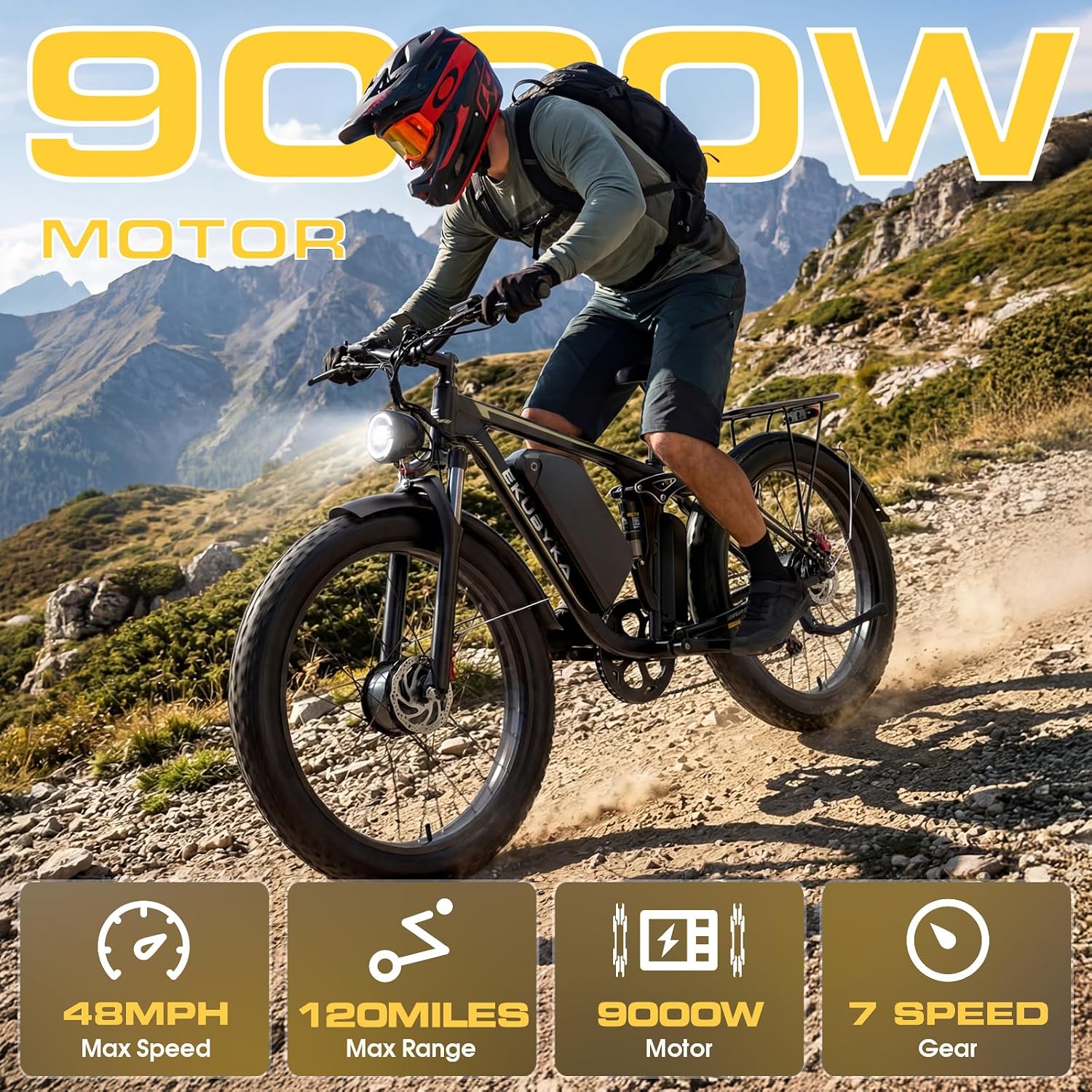 9000W Dual Motor Electric Bike for Adults, 48MPH Fast Full Suspension Ebike, 52V 36Ah Removable Battery for 120 Miles Range, 26 Inch Fat Tire Dual Shock All-Terrain E-Bike, 400lbs Capacity