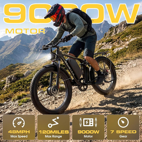 9000W Dual Motor Electric Bike for Adults, 48MPH Fast Full Suspension Ebike, 52V 36Ah Removable Battery for 120 Miles Range, 26 Inch Fat Tire Dual Shock All-Terrain E-Bike, 400lbs Capacity