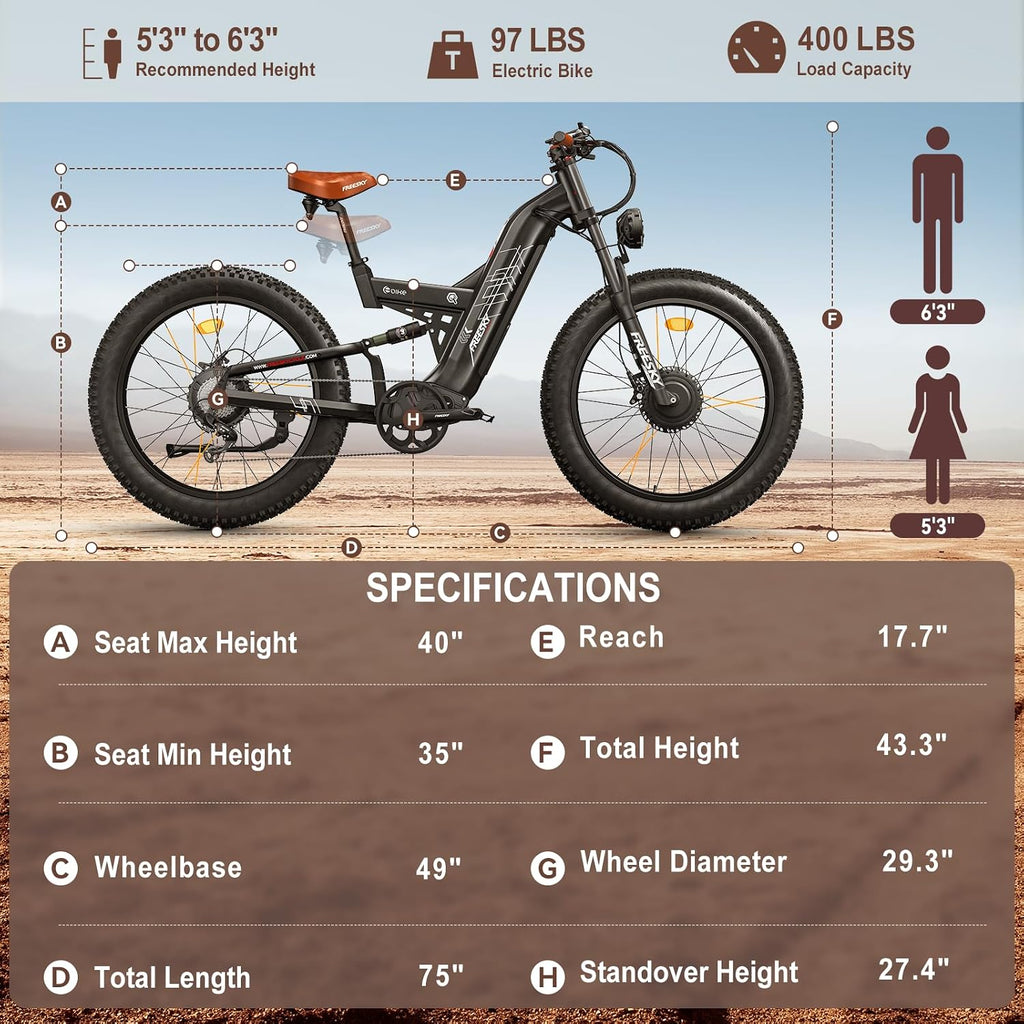 FREESKY 4000W Dual Motor Electric Bike for Adults, 48V 30AH LG Cells Battery 120Miles Range, 40MPH AWD Fast E-Bike, 26" Fat Tire Full Suspension Electric Mountain Bike, UL2849 Certified by TÜV