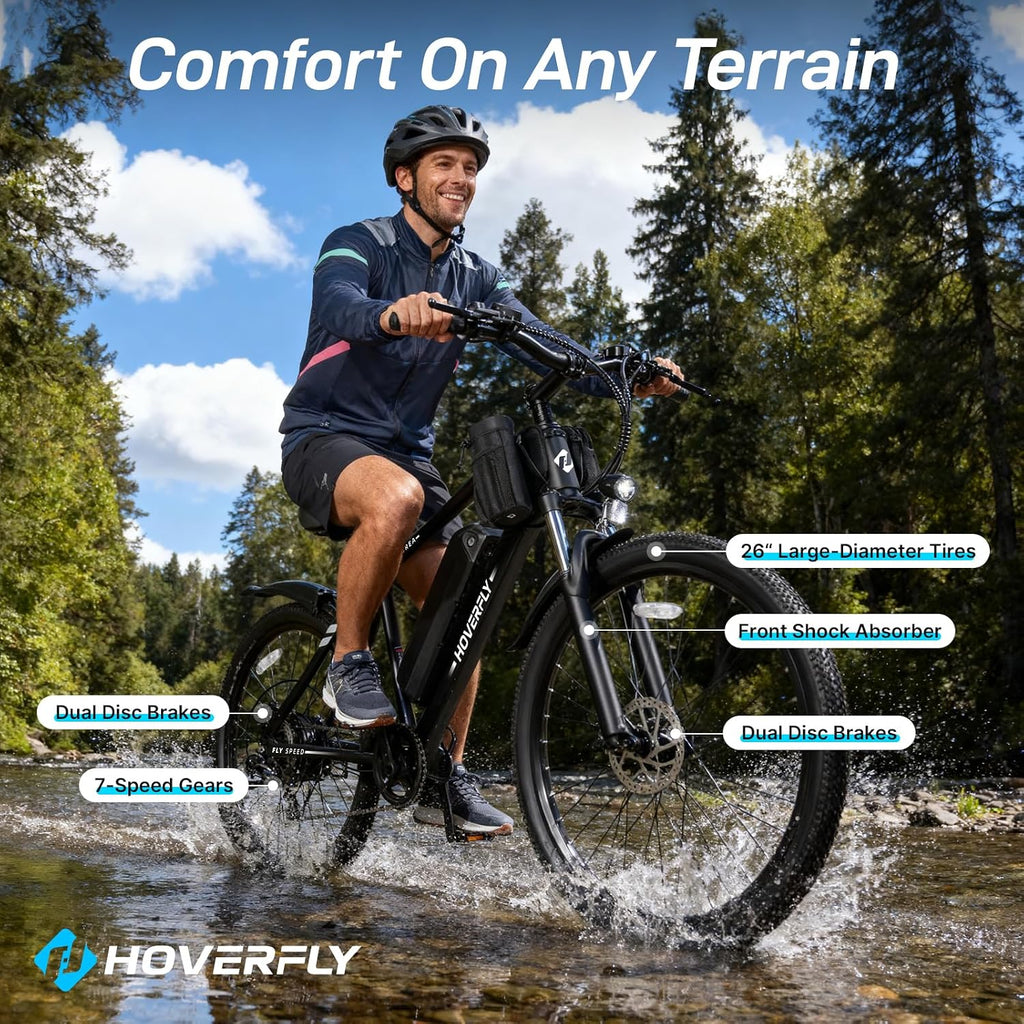 Hoverfly Electric Bike for Adults, 26"/16" Models, 750W/500W Peak Motor, Up to 20/15.5MPH, 48V/36V Removable Battery, Up to 40/28 Miles Range, UL2849 Certified, Electric Bike for Commute/Leisure/Trail