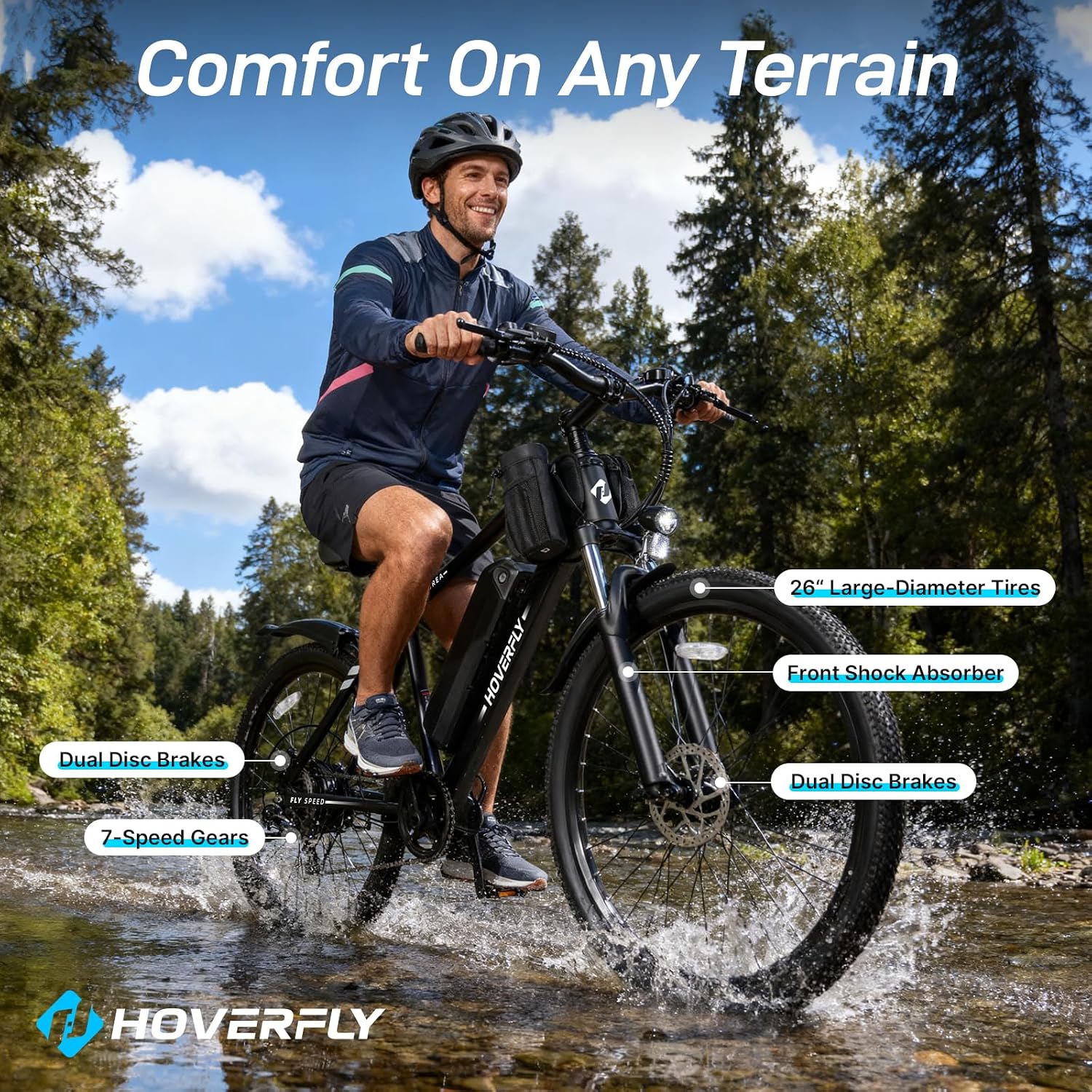 Hoverfly Electric Bike for Adults, 26"/16" Models, 750W/500W Peak Motor, Up to 20/15.5MPH, 48V/36V Removable Battery, Up to 40/28 Miles Range, UL2849 Certified, Electric Bike for Commute/Leisure/Trail