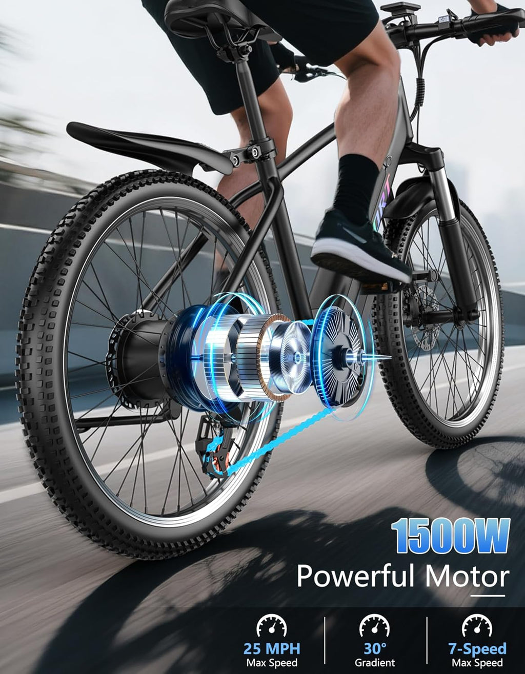 Electric Bike for Adults, 26" Tires E-bike with 48V 12Ah Removable Battery, 1500W Peak Ebike, Up to 65 Miles 25MPH, 7-Speed Electric Mountain Bike, Electric Bicycle for Commute, Front Fork Suspension