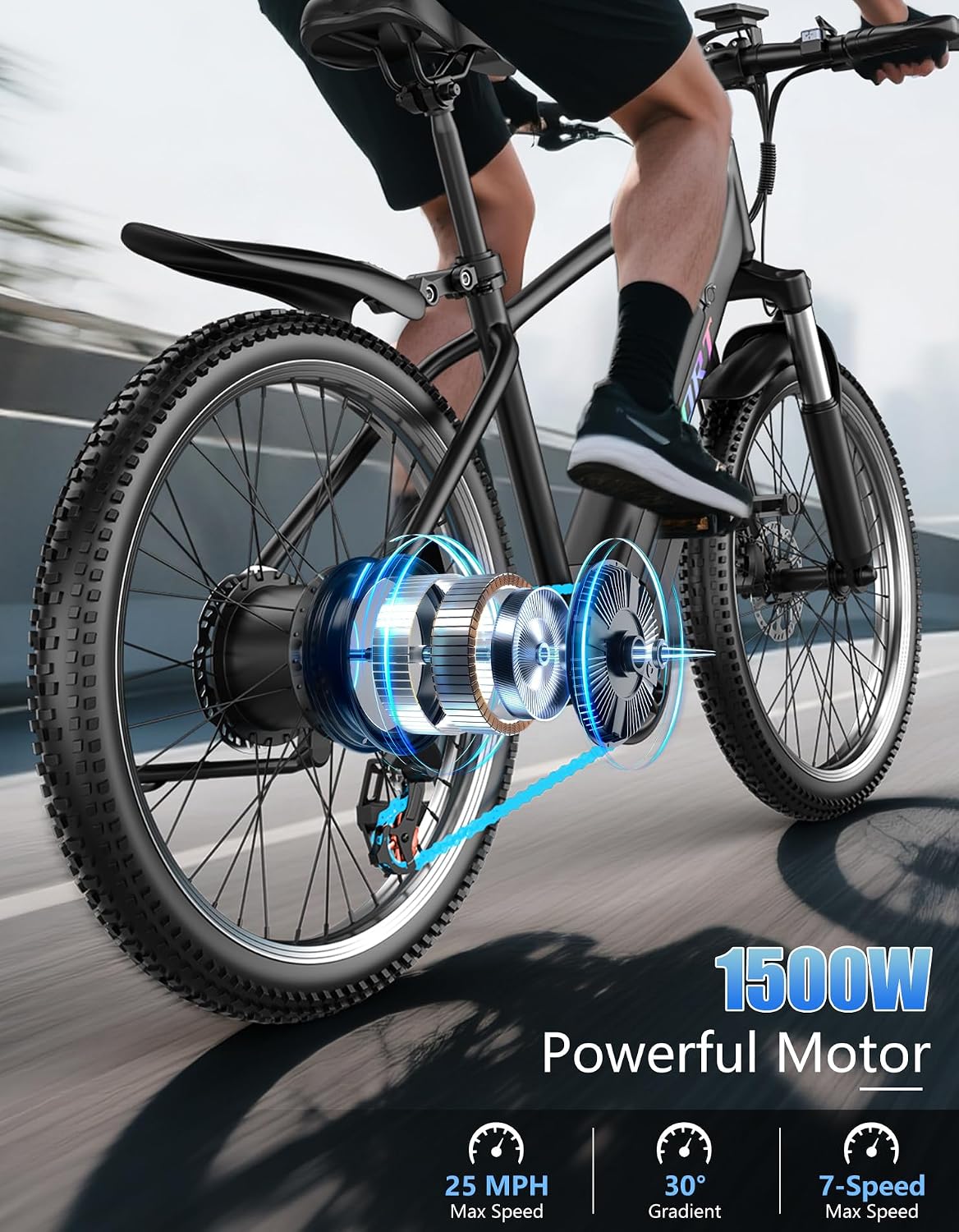 Electric Bike for Adults, 1500W Peak Mountain Ebike, Up to 25MPH, 65 Miles Long Range, 48V 12Ah Removable Battery, 26" Tire Electric Bicycle, 7-Speed E-bike for City Trail, 5 Modes, Front Suspension