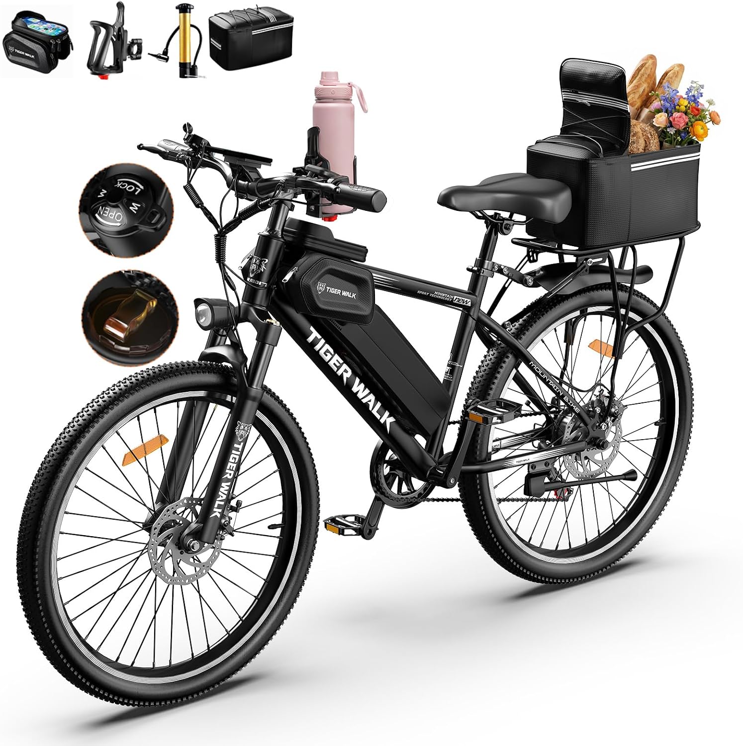 Adult Electric Bike, Peak 1000W Ebike, 48V 10AH Removable Battery, 45 Miles PAS Range, Lockable Suspension Fork, 26" Mountain Commuter Ebike with Cup Holder, Waterproof Phone Bag & Rear Bag