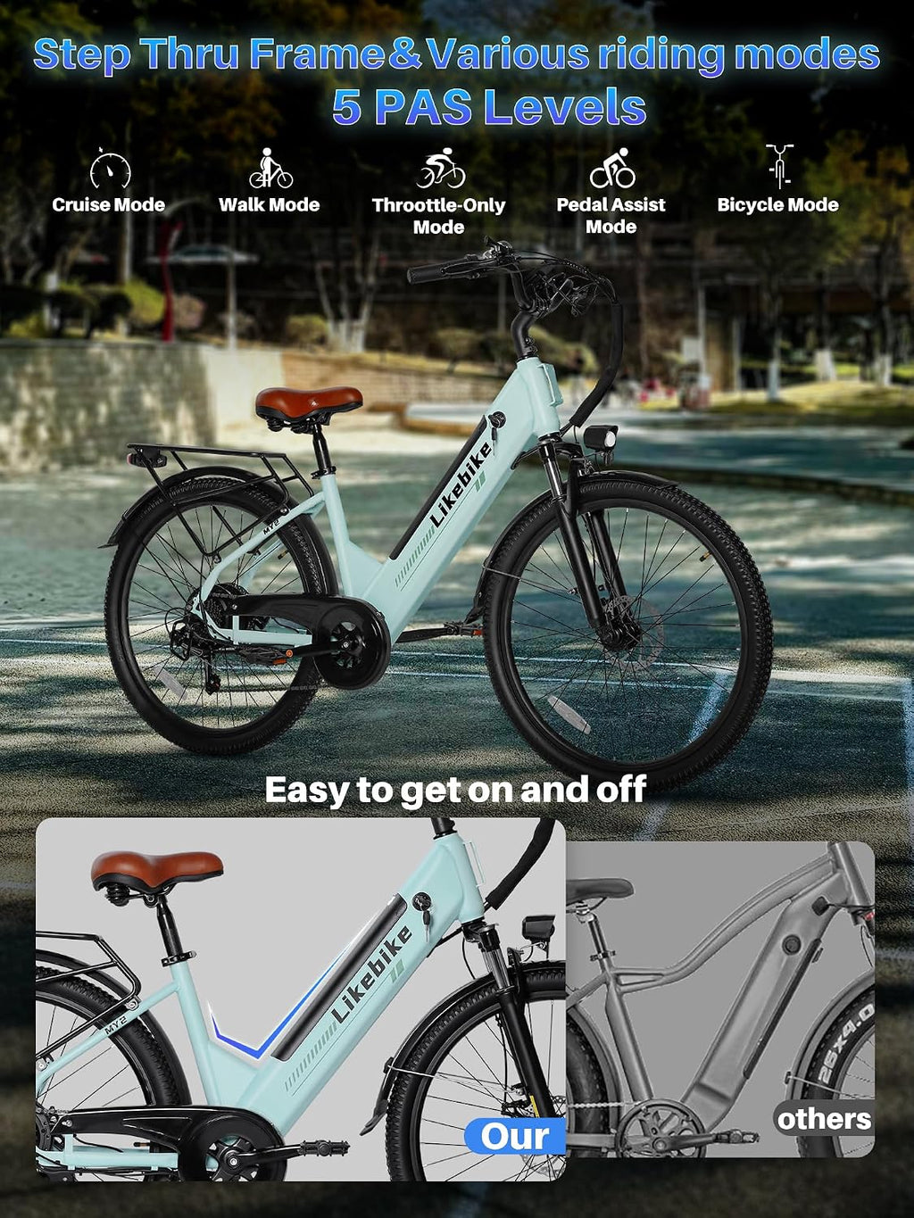Likebike MY2 Electric Bike for Adults with 1500W Peak Motor,48V 15AH Removable Battery Max 85Miles & 28MPH,26” Electric Mountain Bike with 7 Speed Gear,Front Fork Suspension for Ebike