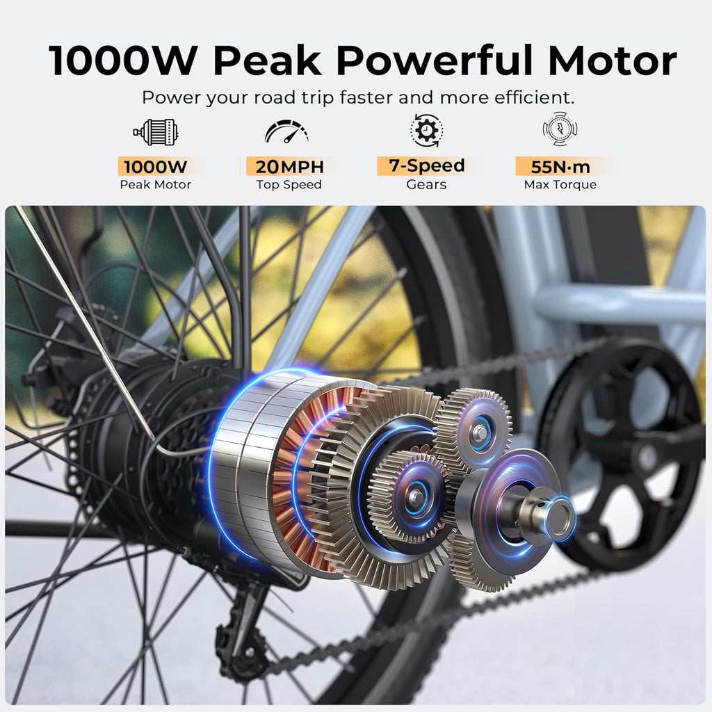 Electric Bike for Adults, Peak 1000W 50Miles City Cruiser Ebike, 26" Step Thru Electric Bicycles with 48V Removable Battery, Adjustable Stem, Rear Rack, LCD Display, 7 Speed, UL2849 Certified