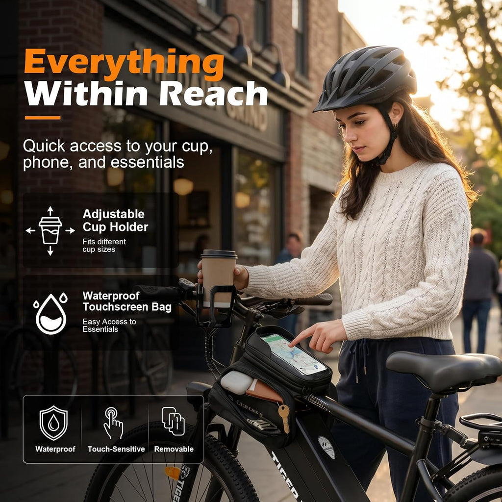 26" Electric Bike for Adults, Adjustable Lockout Suspension Fork, Adjustable Cup Holder, 1000W Peak Motor, 24.7 MPH, 48V 10Ah Removable Battery, Detachable Rear Rack, 7-Speed Commuter Ebike