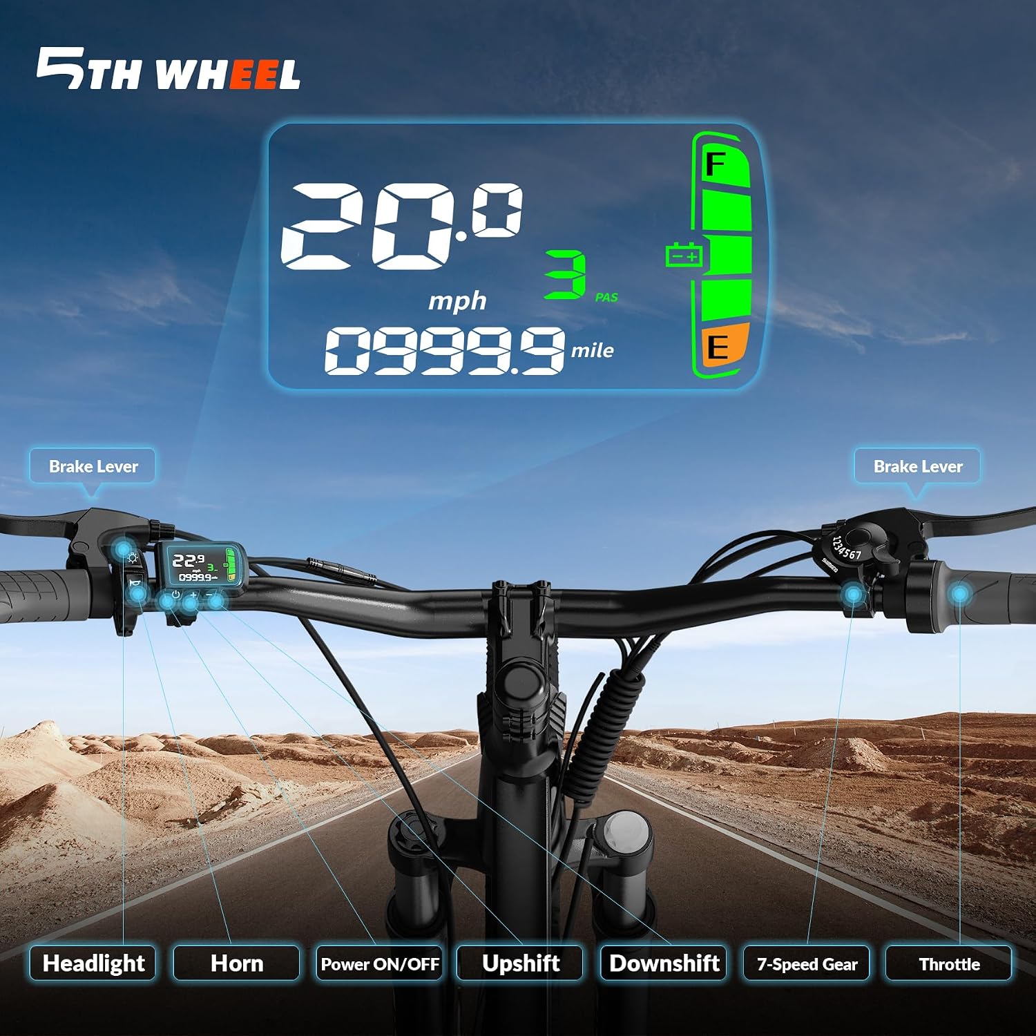 5TH WHEEL Electric Bike for Adults with 750W Peak Motor, 20MPH Speed & 55 Miles Range, Mountain E-Bike with Lockable Suspension Fork, LCD Display, 26" Commuting E Bike with Removable Battery&7 Gears ﻿