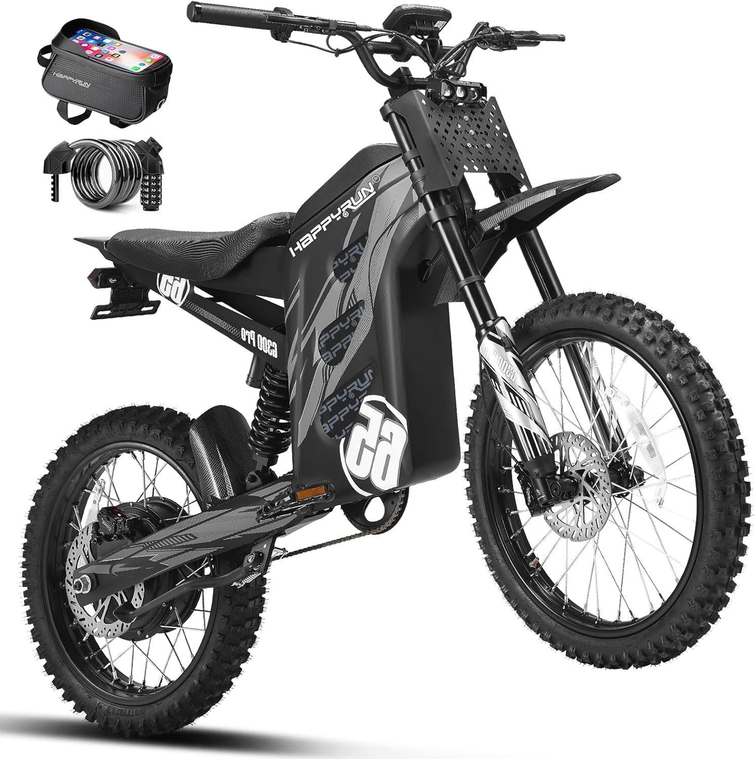 HAPPYRUN G300 Pro Electric Dirt Bike for Adults, 72V 30Ah Battery, 6500W Motor, 50 MPH Speed, 70 Mile Range, 350 Lbs Load Capacity, Hydraulic Brakes