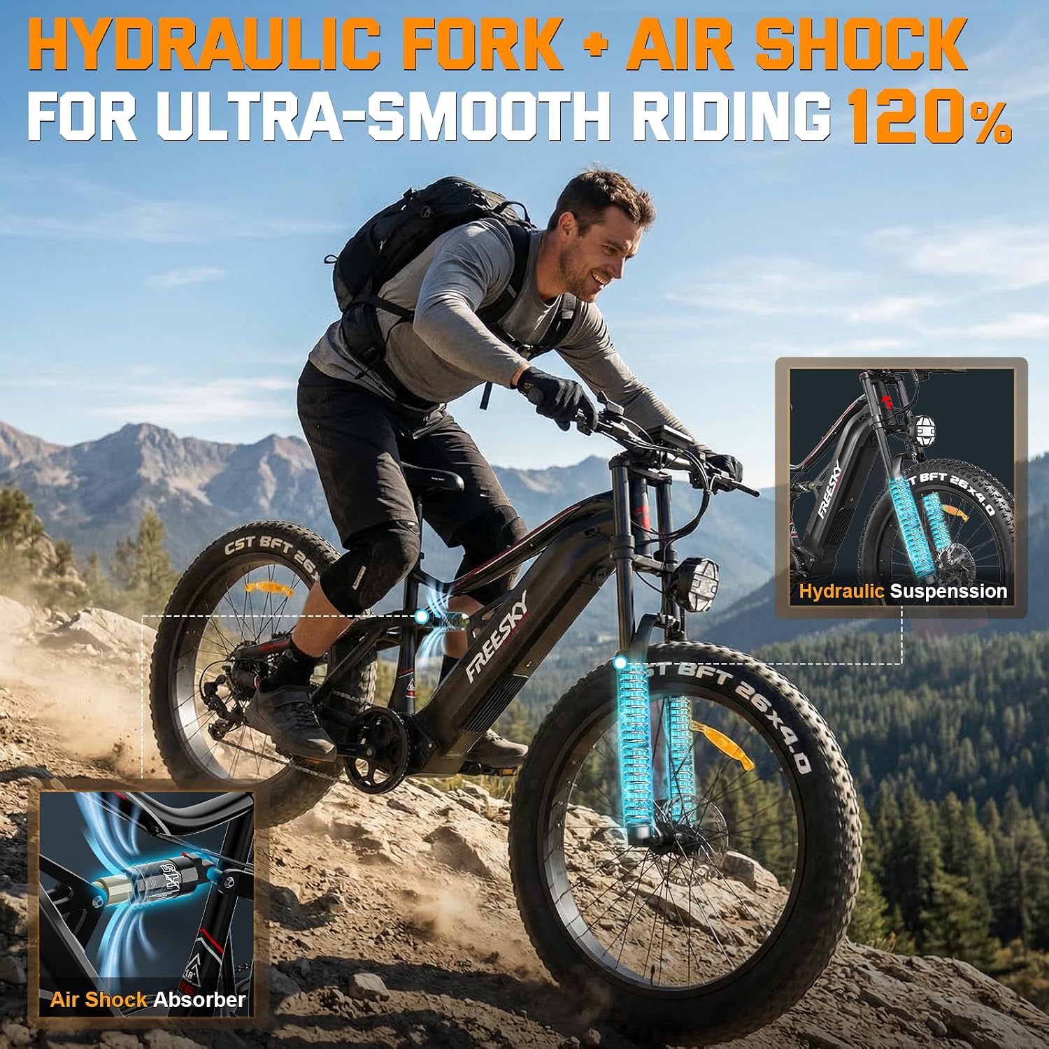 FREESKY 3500W BAFANG Motor Electric Bike for Adults, 48V 35Ah LG Cells Battery Ebike 140 Miles, 38+MPH, 26" Fat Tire Dirt All-Terrain Mountain E Bike, Full Suspension, UL 2849 Certified by TÜV