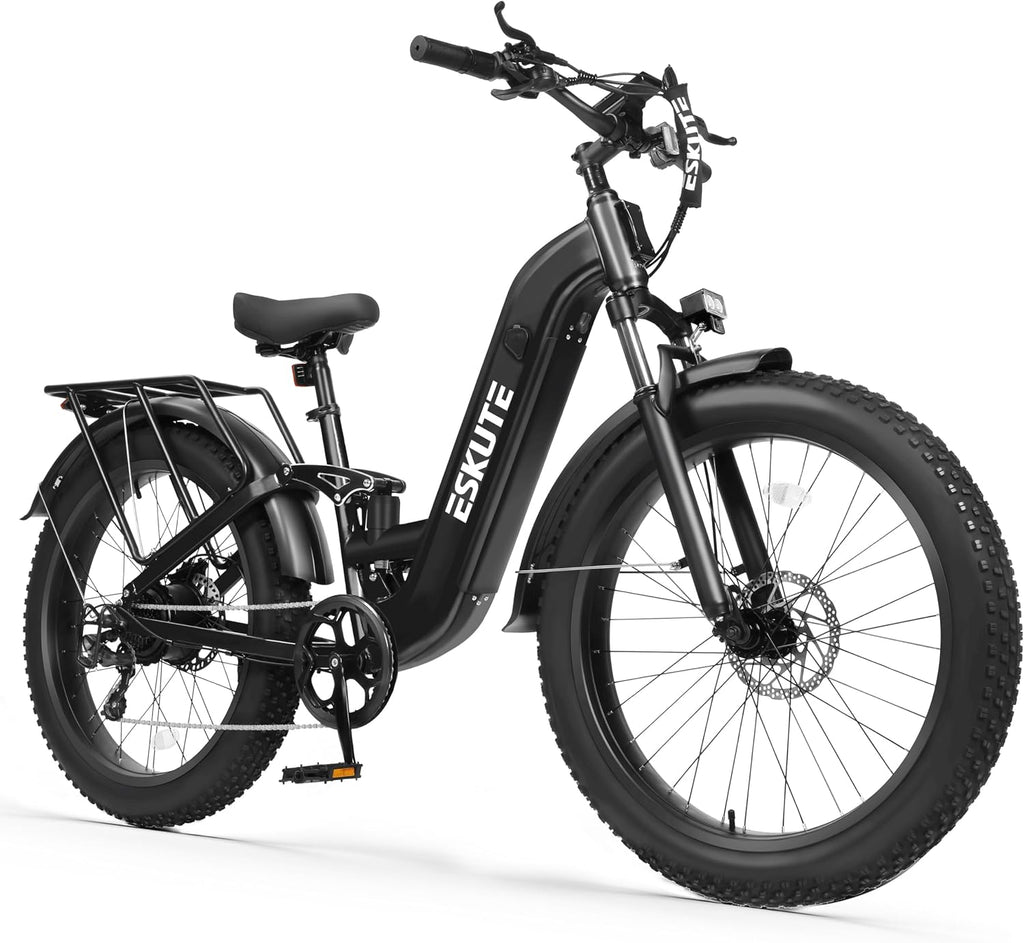 ESKUTE Electric Bike for Adults - 48V20.8Ah 80 Miles Battery Commuter, 32+MPH, Peak 1500W Brushless Motor, 26x4.0 Fat Tire Step-Thru Cityrun Ebike, 8-Speed, Full Suspensions E-Bike