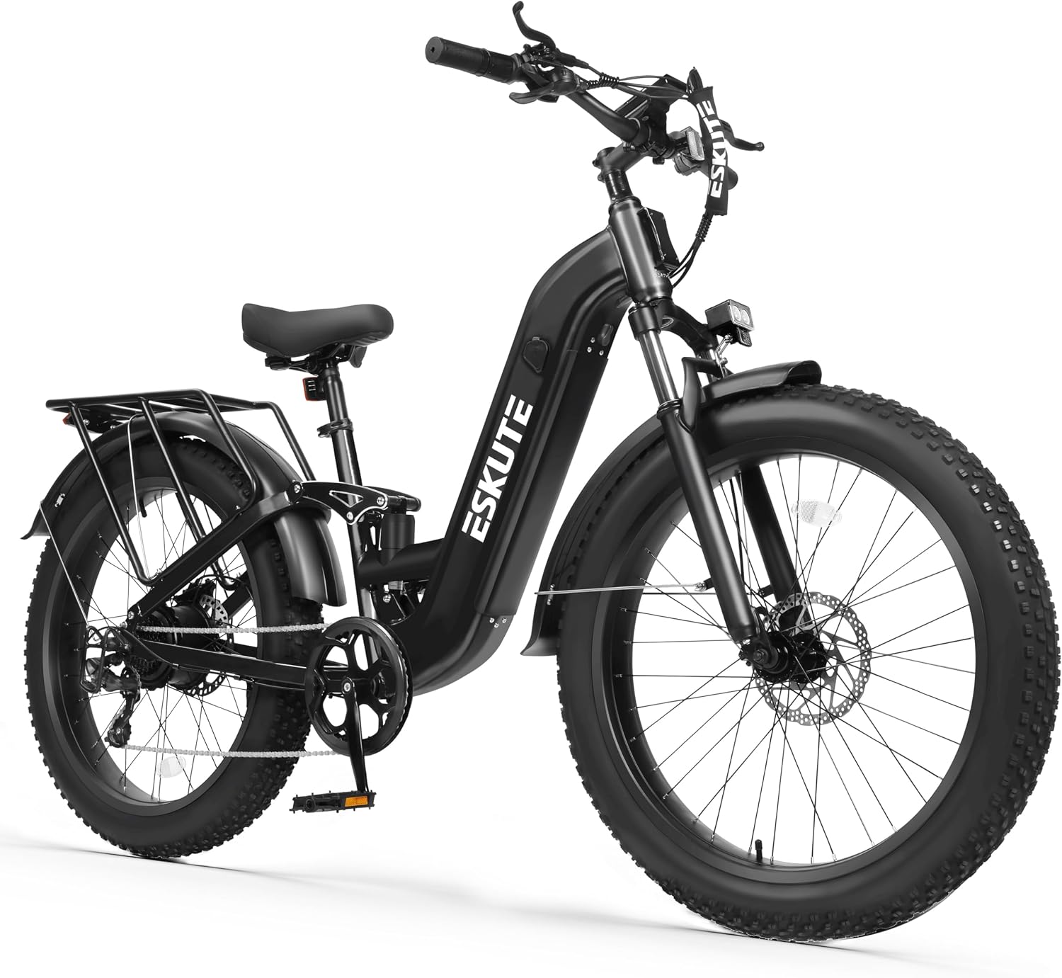 ESKUTE Electric Bike for Adults - 48V20.8Ah 80 Miles Battery Commuter, 32+MPH, Peak 1500W Brushless Motor, 26x4.0 Fat Tire Step-Thru Cityrun Ebike, 8-Speed, Full Suspensions E-Bike