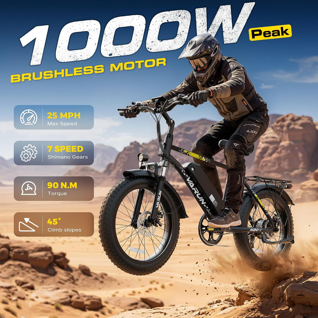 VARUN Electric Bike - 1000W Peak Motor 60 Miles Fat Tire Ebike with 48V 13Ah Removable Battery, 7-Speed, All Terrain 20" Cruiser Adults Electric Bike with Cargo