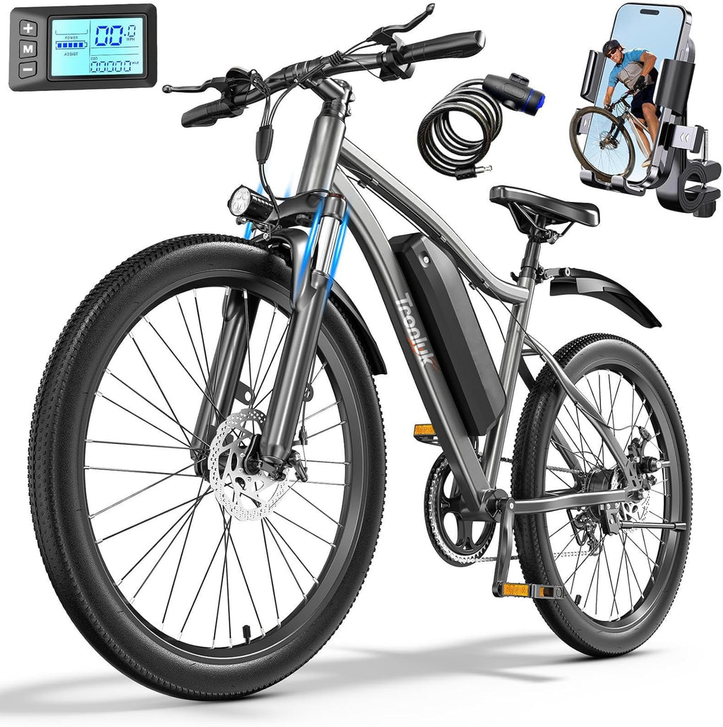 Electric Bike for Adults, 26" Commuter Ebikes with 7-Speed Gears, 25MPH Lightweight E Bike, 720W Peak Motor, 375Wh Removable Battery, 50 Miles Range, Electric Mountain Bicycle for All Terrain (White)