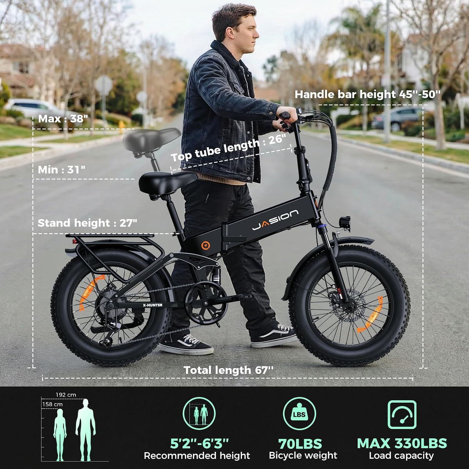 Jasion X-Hunter/ST/PRO Electric Bike for Adults,1800W/1400W Peak 20''Fat Tire Foldable Ebike,Folding E Bike Up to 80/70 Miles Range,720/624WH Removable Battery,30 MPH E Bike,Certified by UL2849