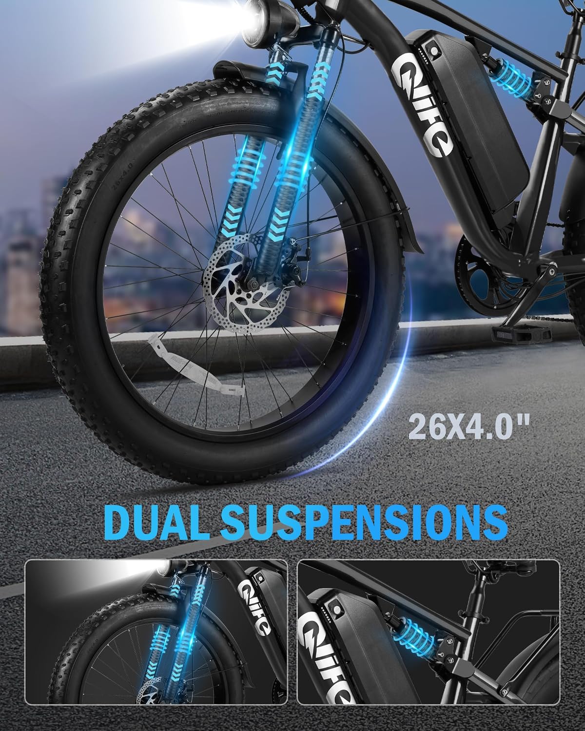 Qlife Racer Plus Adult Electric Bicycle, Peak 1500W/1800W, Up to 20+MPH, 65Miles Long Range, 26" Fat Tire Electric Mountain Bike with 48V 13AH/20AH Battery, 7 Speed Full Suspension