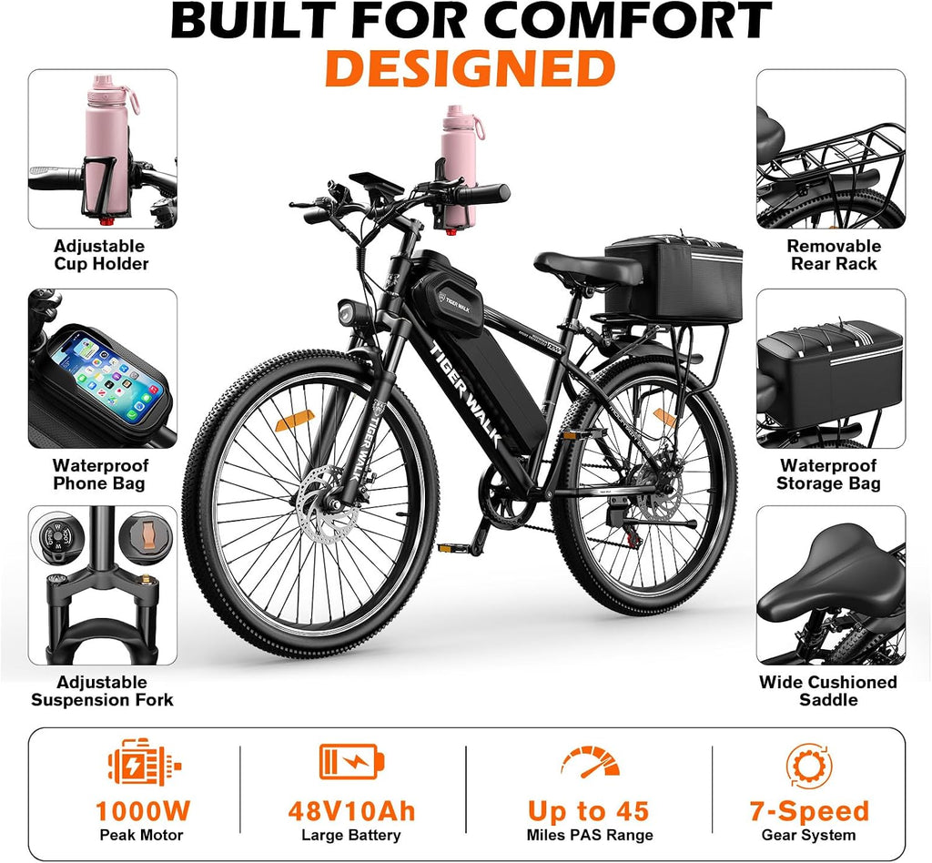 Adult Electric Bike, Peak 1000W Ebike, 48V 10AH Removable Battery, 45 Miles PAS Range, Lockable Suspension Fork, 26" Mountain Commuter Ebike with Cup Holder, Waterproof Phone Bag & Rear Bag