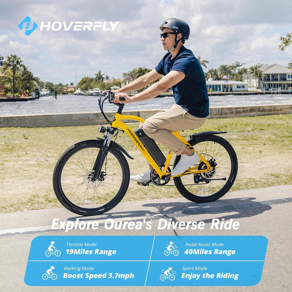 Hoverfly 16"/26" Adults Electric Bike, Max 28/40 Miles & 15.5/20Mph Speed | 500W/750W Peak Motor, Removable Battery, UL2849 Certified, Front Suspension, Dual Disc Brakes, Electric Bicycle for Commuting