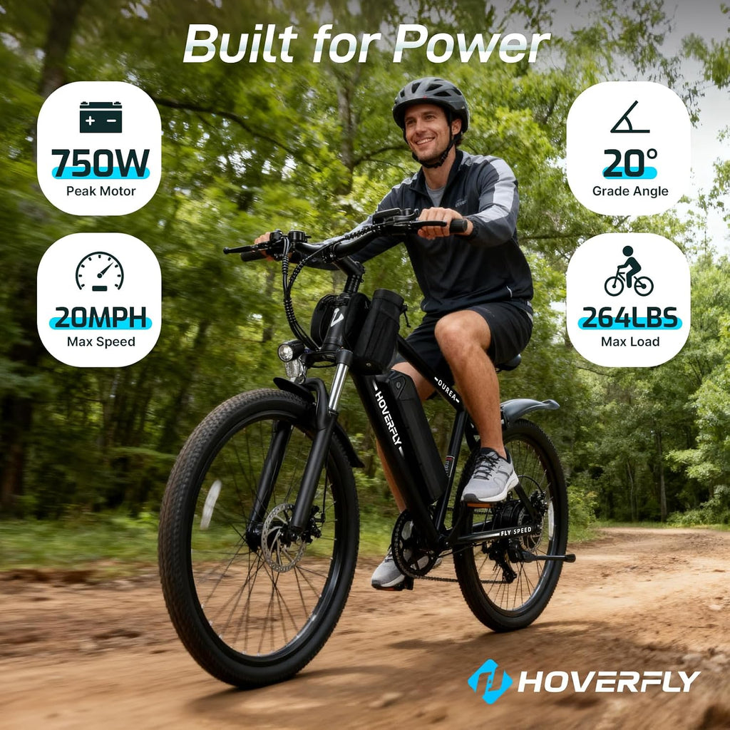Hoverfly Electric Bike for Adults, 26"/16" Models, 750W/500W Peak Motor, Up to 20/15.5MPH, 48V/36V Removable Battery, Up to 40/28 Miles Range, UL2849 Certified, Electric Bike for Commute/Leisure/Trail
