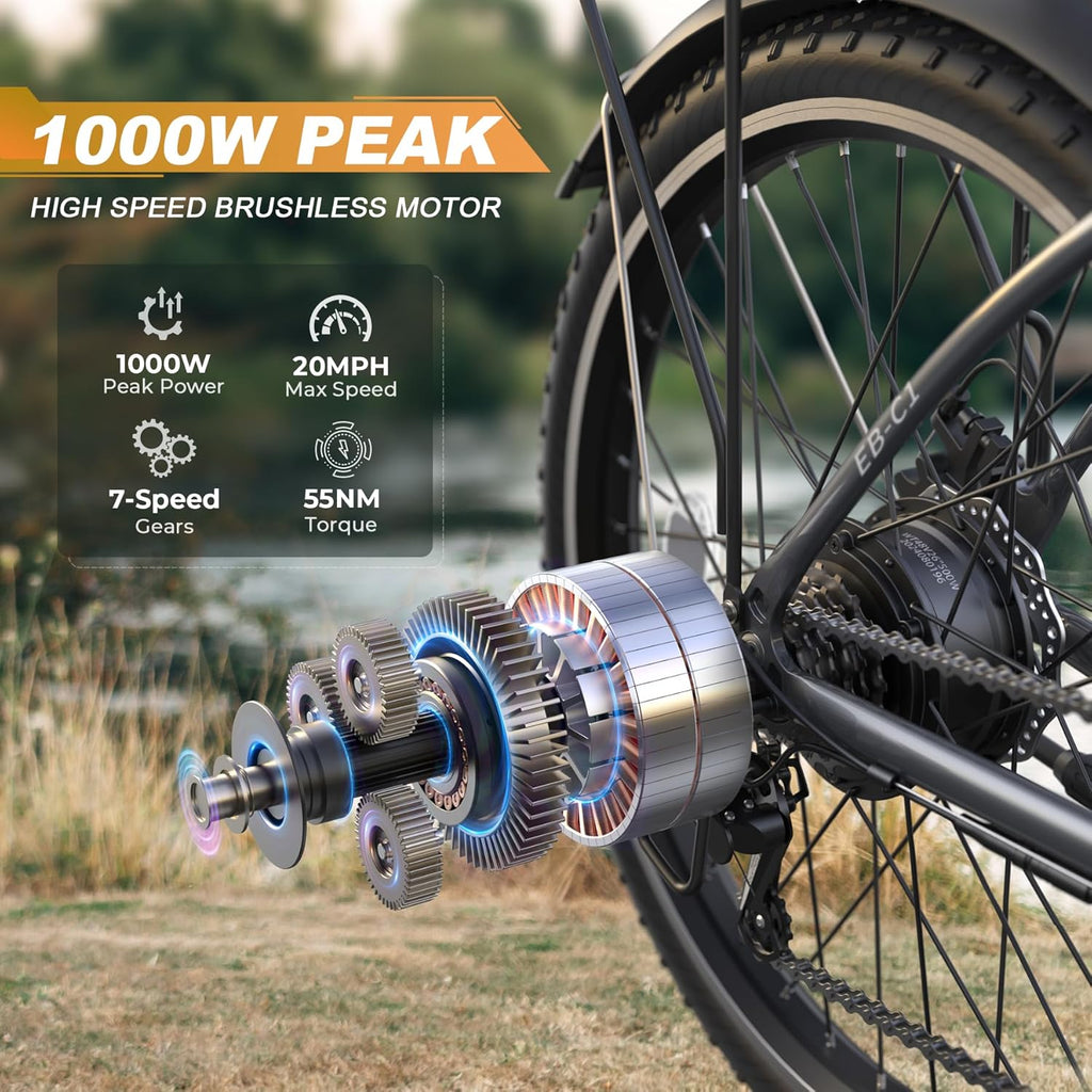 Funhang Electric Bike for Adults, 26" City Cruiser Ebike with 1000W Peak Motor, 20MPH 50 Miles Commuter Adult Electric Bicycles with 48V Battery, Adjustable Stem, 7-Speed, UL 2849 Certified