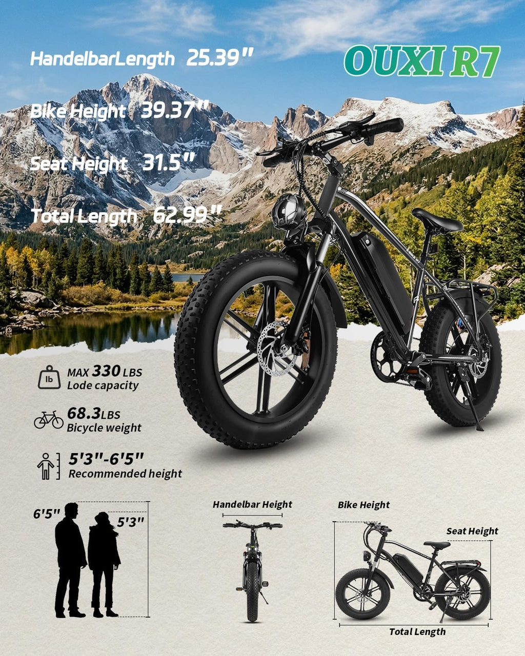 OUXI Electric Bike for Adults, 1000W Peak Electric Mountain Bicycle 48V13Ah