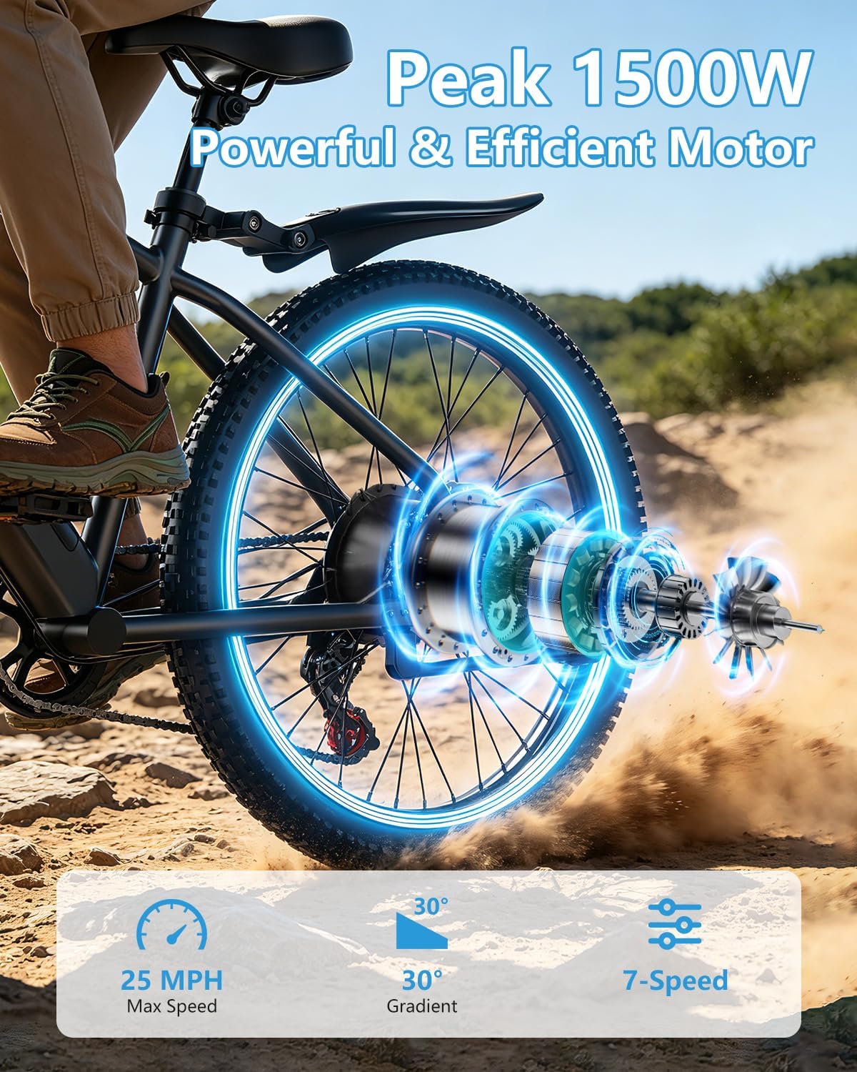 Electric Mountain Bike 26" with 48V 12Ah Battery, 1500W Peak Motor | Up to 25MPH Speed, 65 Miles Range, 7 Speed Gears, Removable Battery, City Commuter