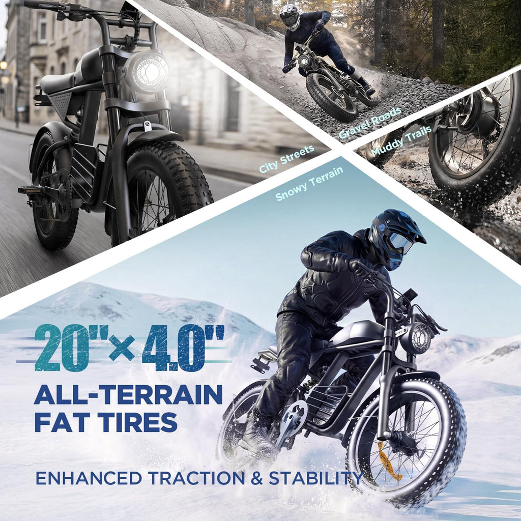 Electric Bike for Adults, 1000W/1500W Peak Motor, 48V 15Ah/20Ah Removable Battery, 20" x 4.0 Fat Tire Ebike, 30-34MPH, 7-Speed Gear, All Terrain Electric Bicycle for Commuting & Off-Road Riding