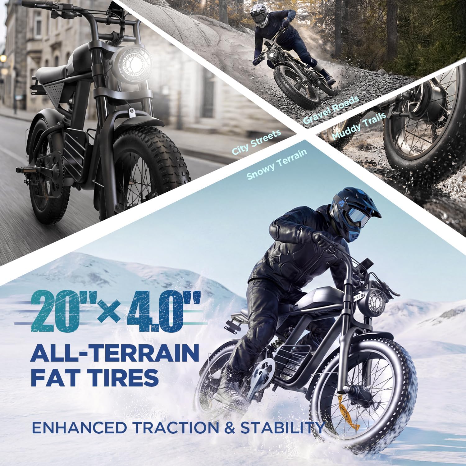 Electric Bike for Adults, 1000W/1500W Peak Motor, 48V 15Ah/20Ah Removable Battery, 20" x 4.0 Fat Tire Ebike, 30-34MPH, 7-Speed Gear, All Terrain Electric Bicycle for Commuting & Off-Road Riding