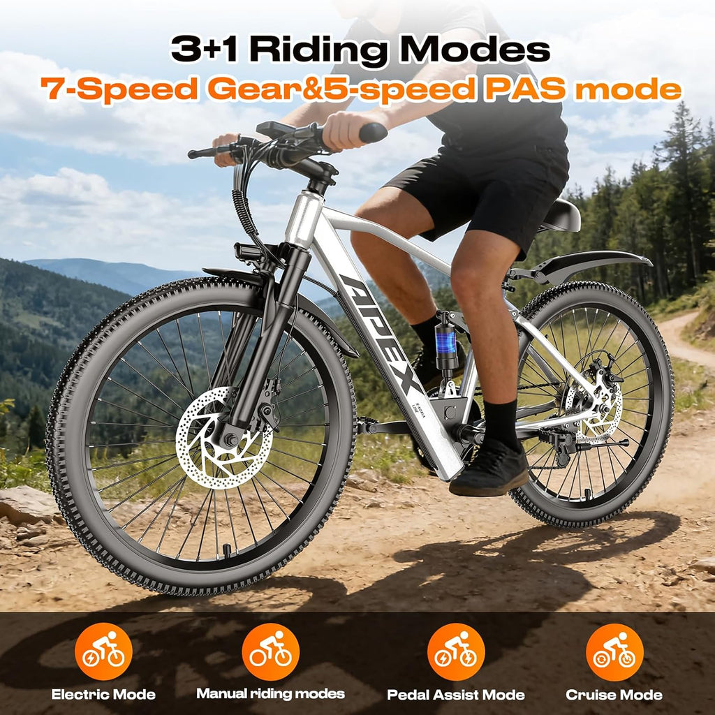 26" Electric Bike for Adults, 1500W Peak Motor Mountain Ebike, 28MPH Up to 65 Miles, UL2849 Certified, 7-Speed, Removable Battery, Shock Absorber, Fat Tire Commuter E-Bike